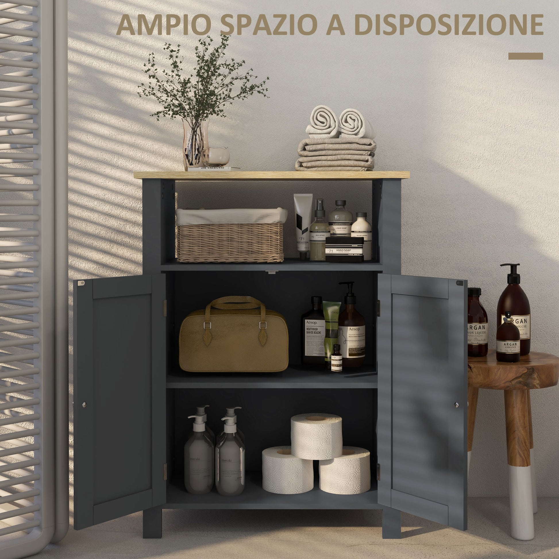 Bathroom Cabinet with 3 Shelves in MDF and Particleboard with Adjustable Interior Shelf and 2 Raised Doors, 60x30x80.5 cm, Gray and Wood Color
