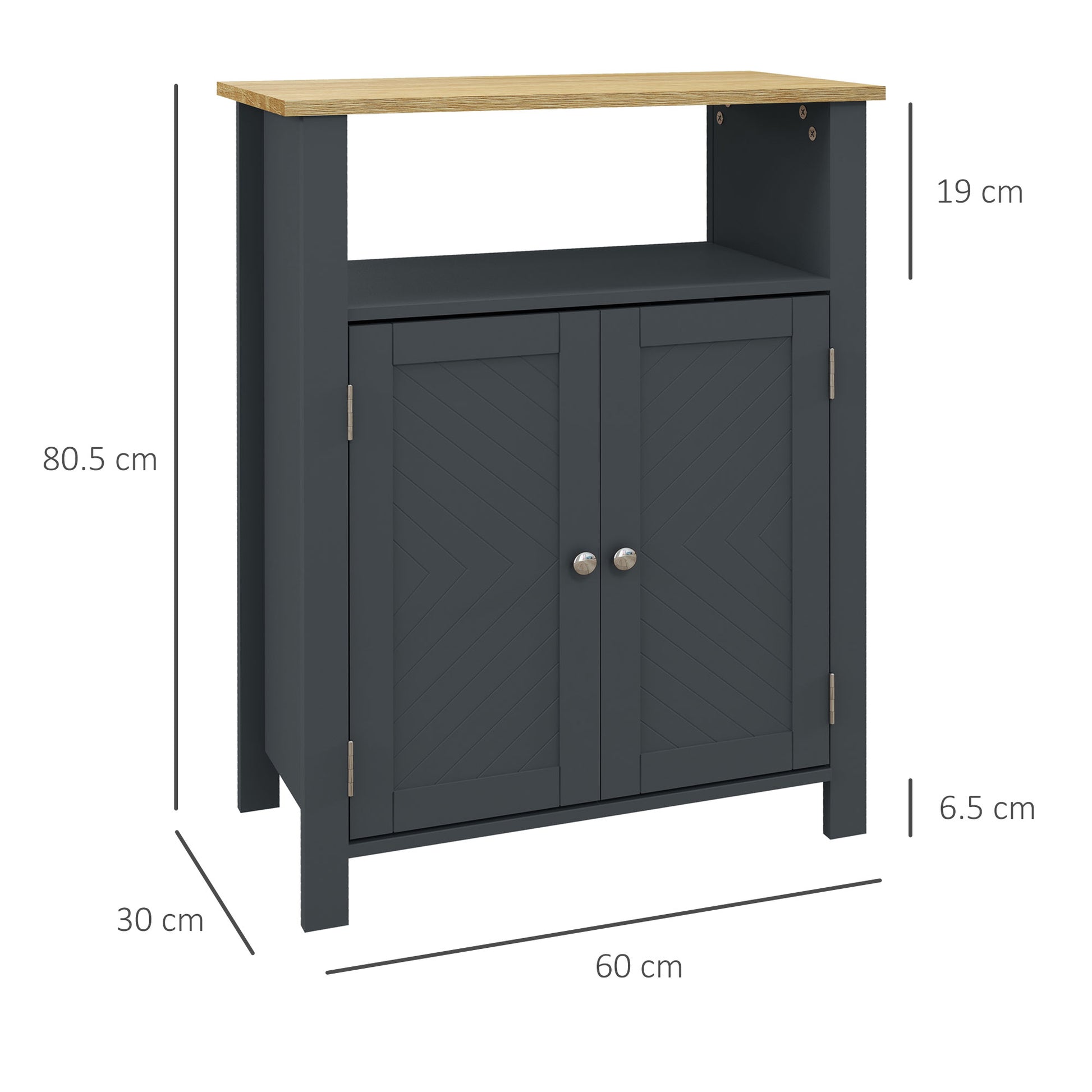 Bathroom Cabinet with 3 Shelves in MDF and Particleboard with Adjustable Interior Shelf and 2 Raised Doors, 60x30x80.5 cm, Gray and Wood Color