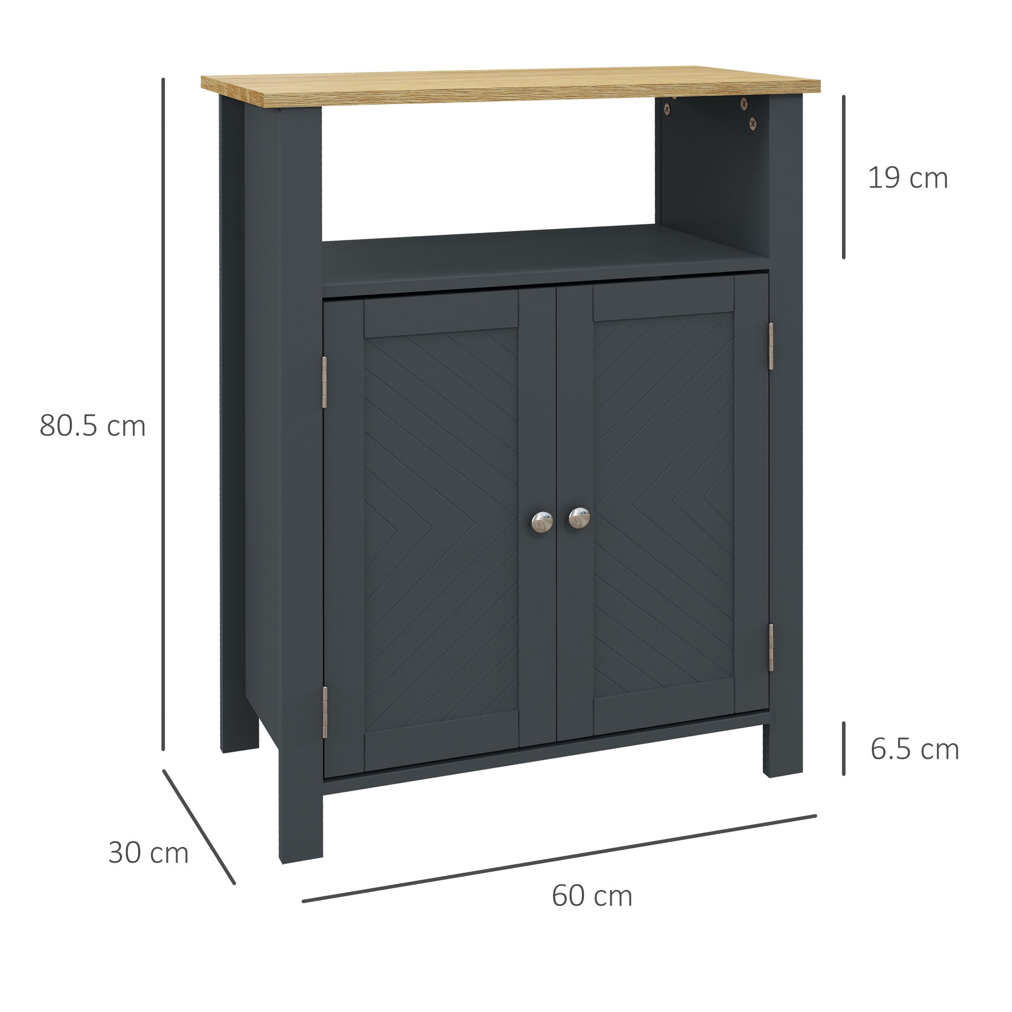 Bathroom Cabinet with 3 Shelves in MDF and Particleboard with Adjustable Interior Shelf and 2 Raised Doors, 60x30x80.5 cm, Gray and Wood Color
