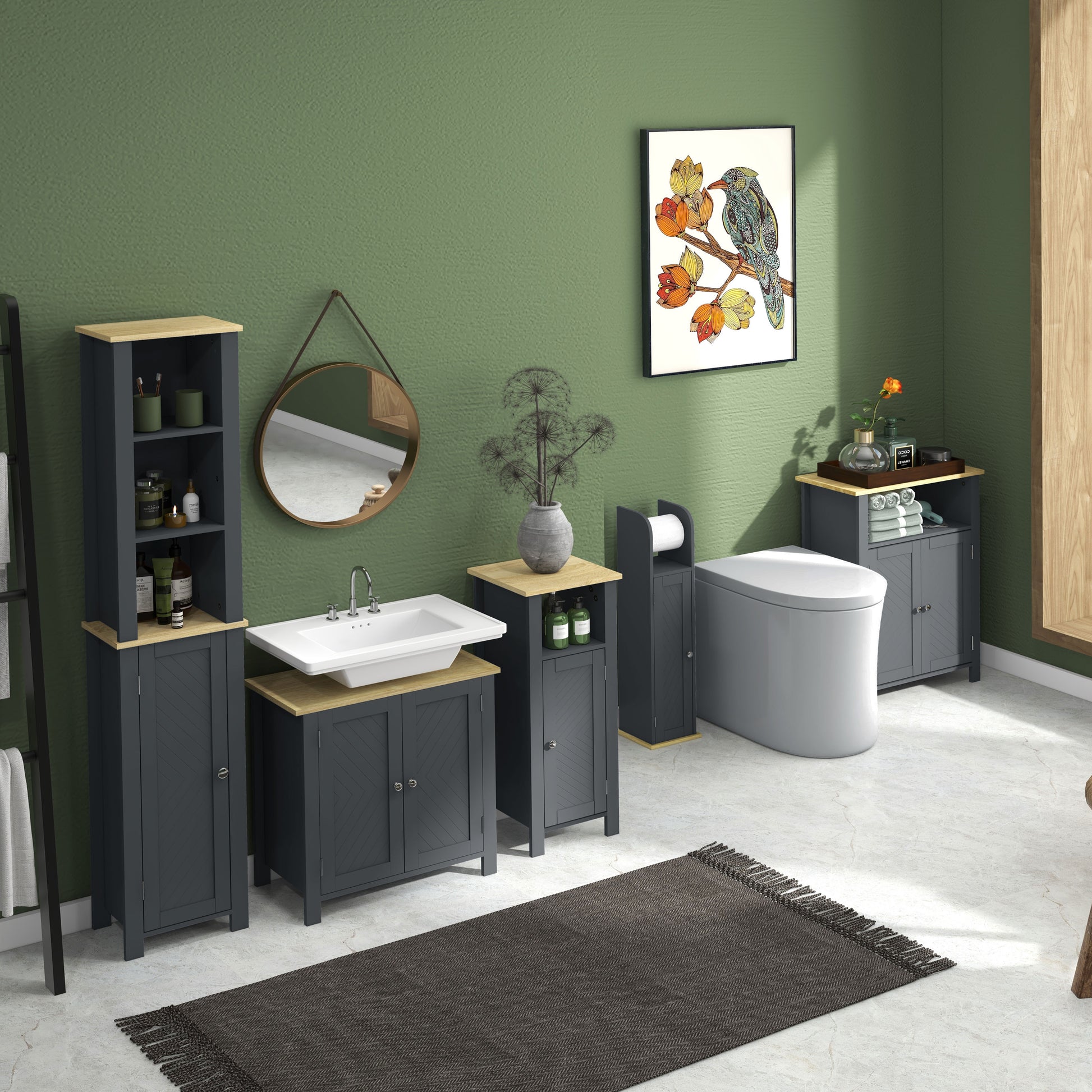 Bathroom Cabinet with 3 Shelves in MDF and Particleboard with Adjustable Interior Shelf and 2 Raised Doors, 60x30x80.5 cm, Gray and Wood Color