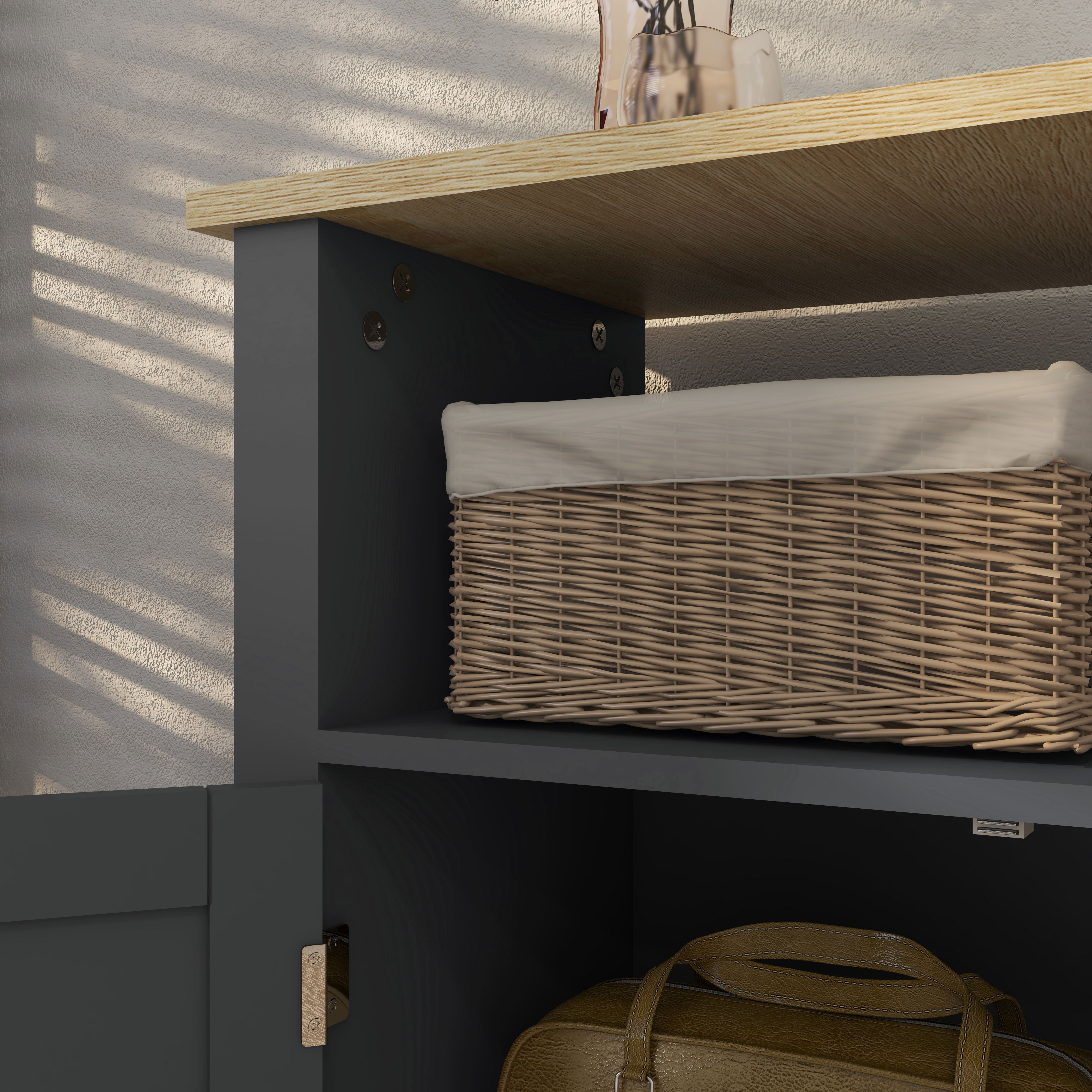 Bathroom Cabinet with 3 Shelves in MDF and Particleboard with Adjustable Interior Shelf and 2 Raised Doors, 60x30x80.5 cm, Gray and Wood Color
