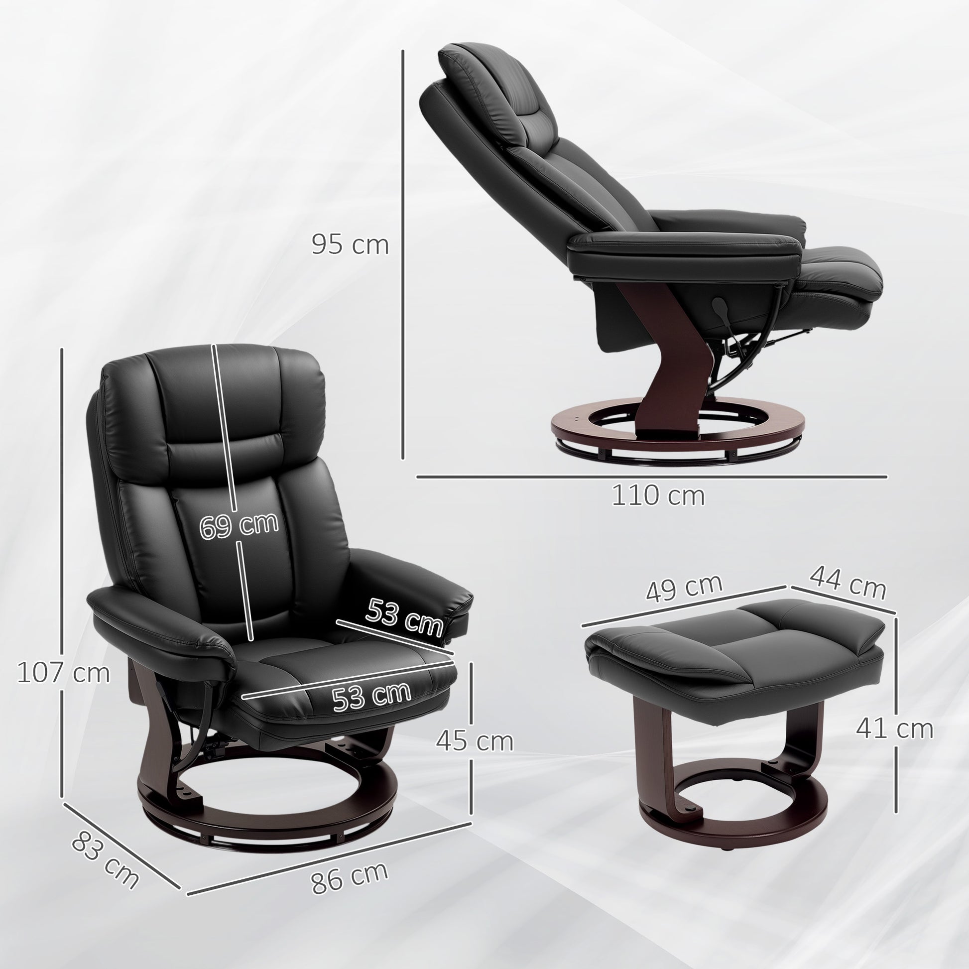 Recliner with Footstool, 360° Swivel TV Chair with Reclining Function, TV Chair with Pocket Springs for Living Room, Faux Leather, Black