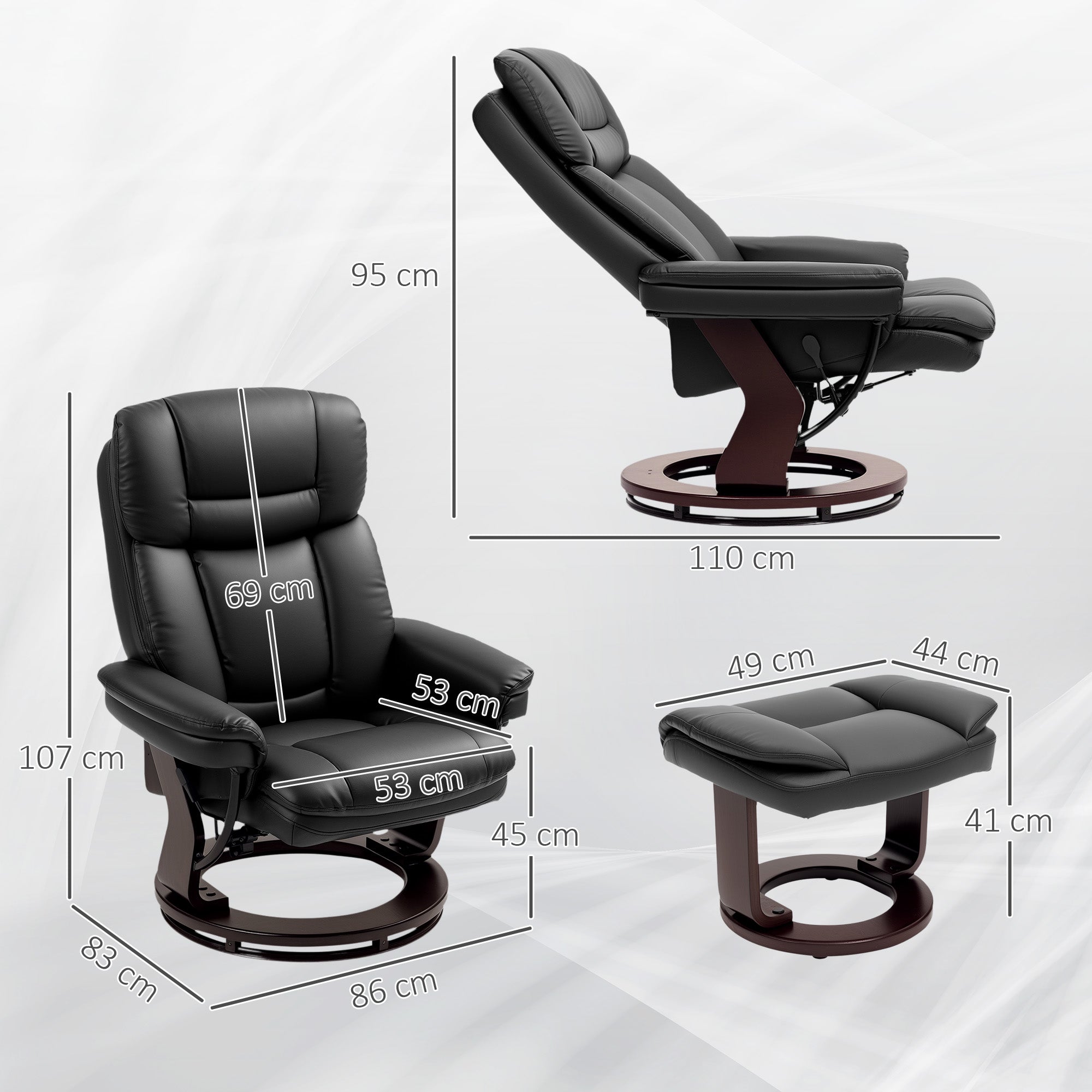 Recliner with Footstool, 360° Swivel TV Chair with Reclining Function, TV Chair with Pocket Springs for Living Room, Faux Leather, Black