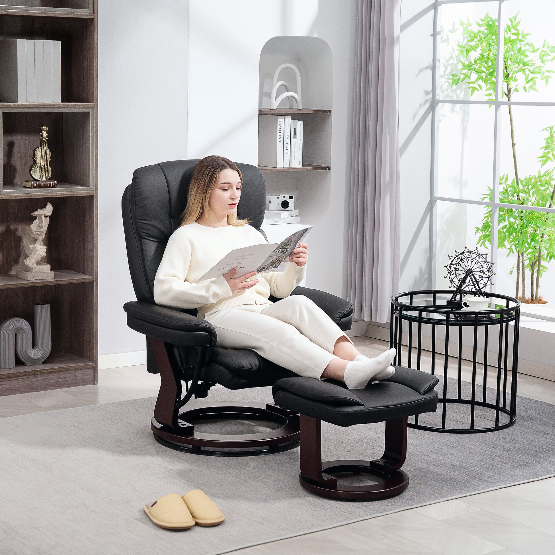 Recliner with Footstool, 360° Swivel TV Chair with Reclining Function, TV Chair with Pocket Springs for Living Room, Faux Leather, Black