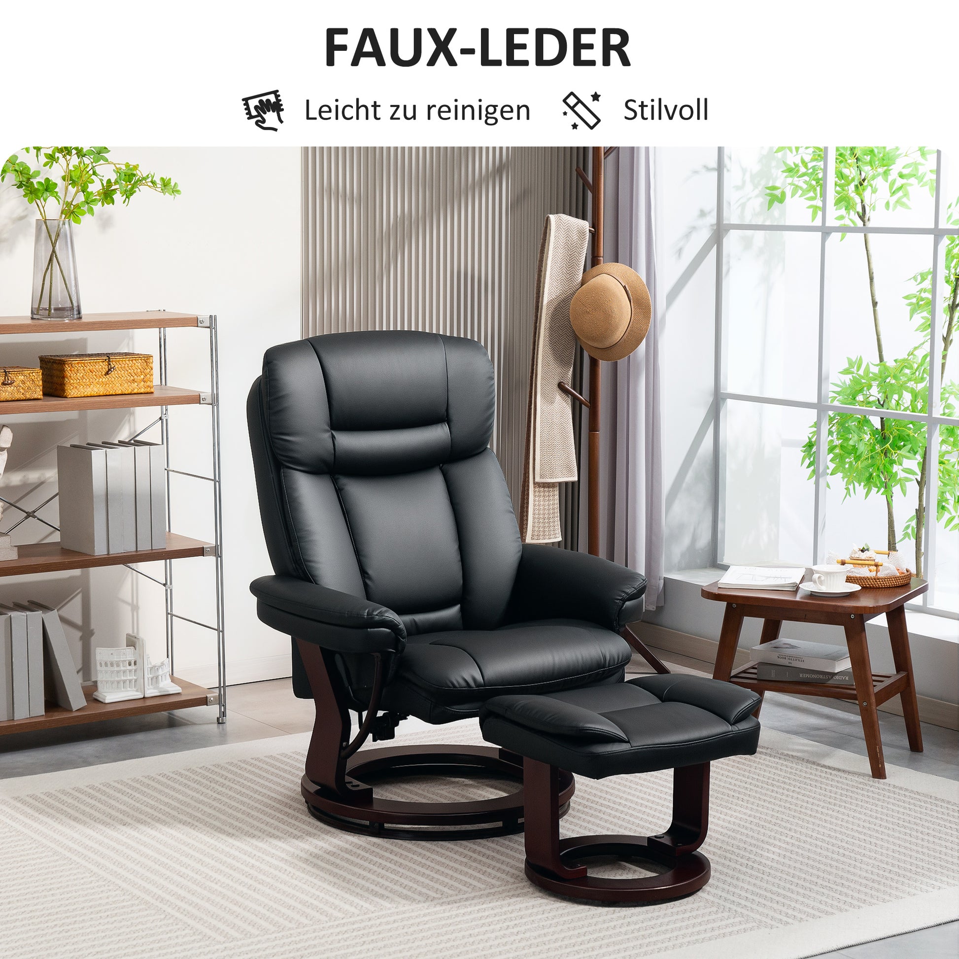 Recliner with Footstool, 360° Swivel TV Chair with Reclining Function, TV Chair with Pocket Springs for Living Room, Faux Leather, Black