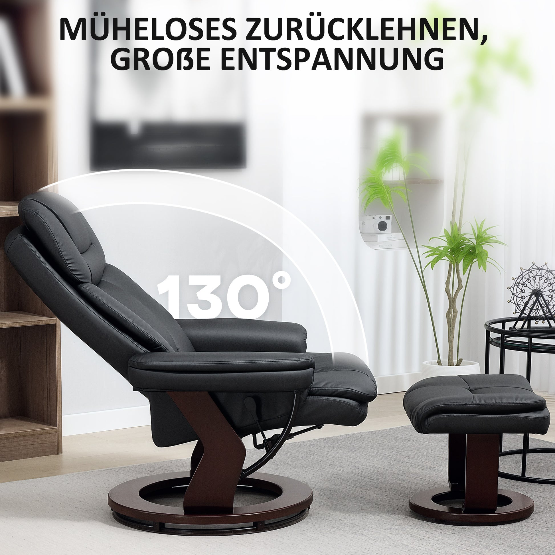 Recliner with Footstool, 360° Swivel TV Chair with Reclining Function, TV Chair with Pocket Springs for Living Room, Faux Leather, Black