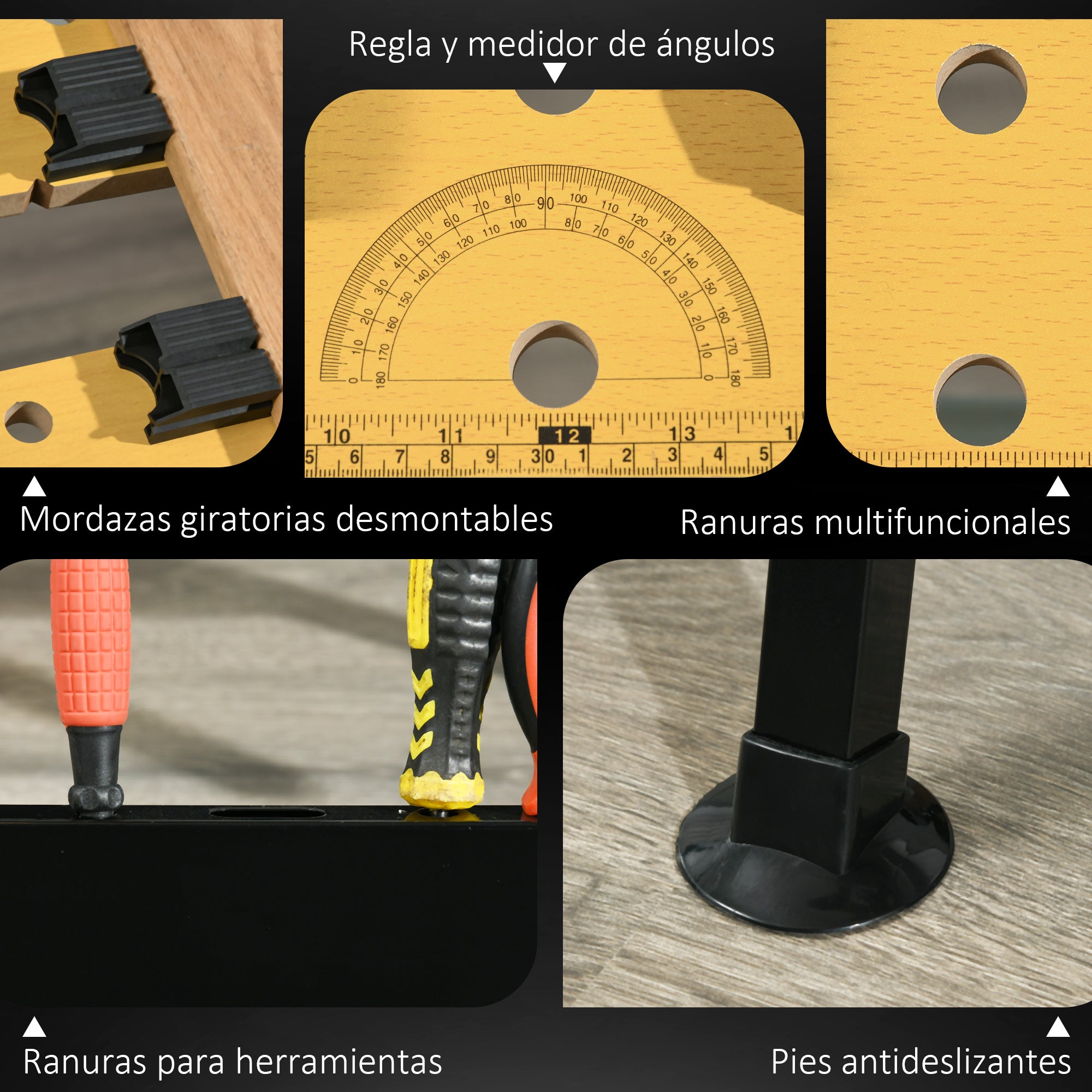 Height Adjustable Workbench with 4 Rotating Pegs Adjustable Boards in Angle and Distance 65x57x85-114 cm Natural Wood and Black