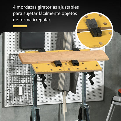 Height Adjustable Workbench with 4 Rotating Pegs Adjustable Boards in Angle and Distance 65x57x85-114 cm Natural Wood and Black