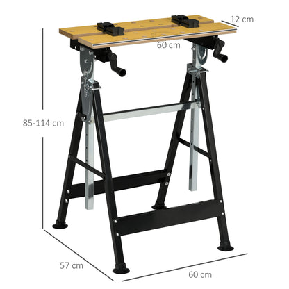 Height Adjustable Workbench with 4 Rotating Pegs Adjustable Boards in Angle and Distance 65x57x85-114 cm Natural Wood and Black