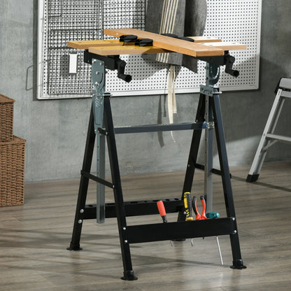 Height Adjustable Workbench with 4 Rotating Pegs Adjustable Boards in Angle and Distance 65x57x85-114 cm Natural Wood and Black