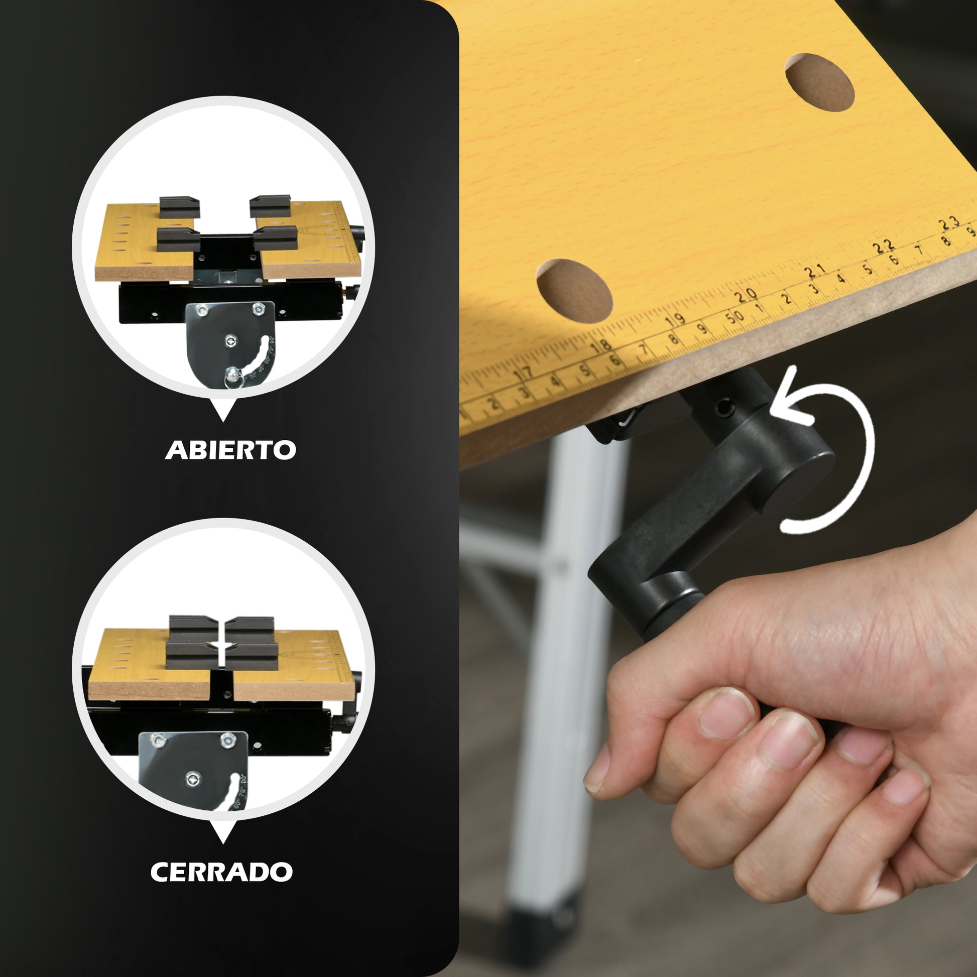 Height Adjustable Workbench with 4 Rotating Pegs Adjustable Boards in Angle and Distance 65x57x85-114 cm Natural Wood and Black