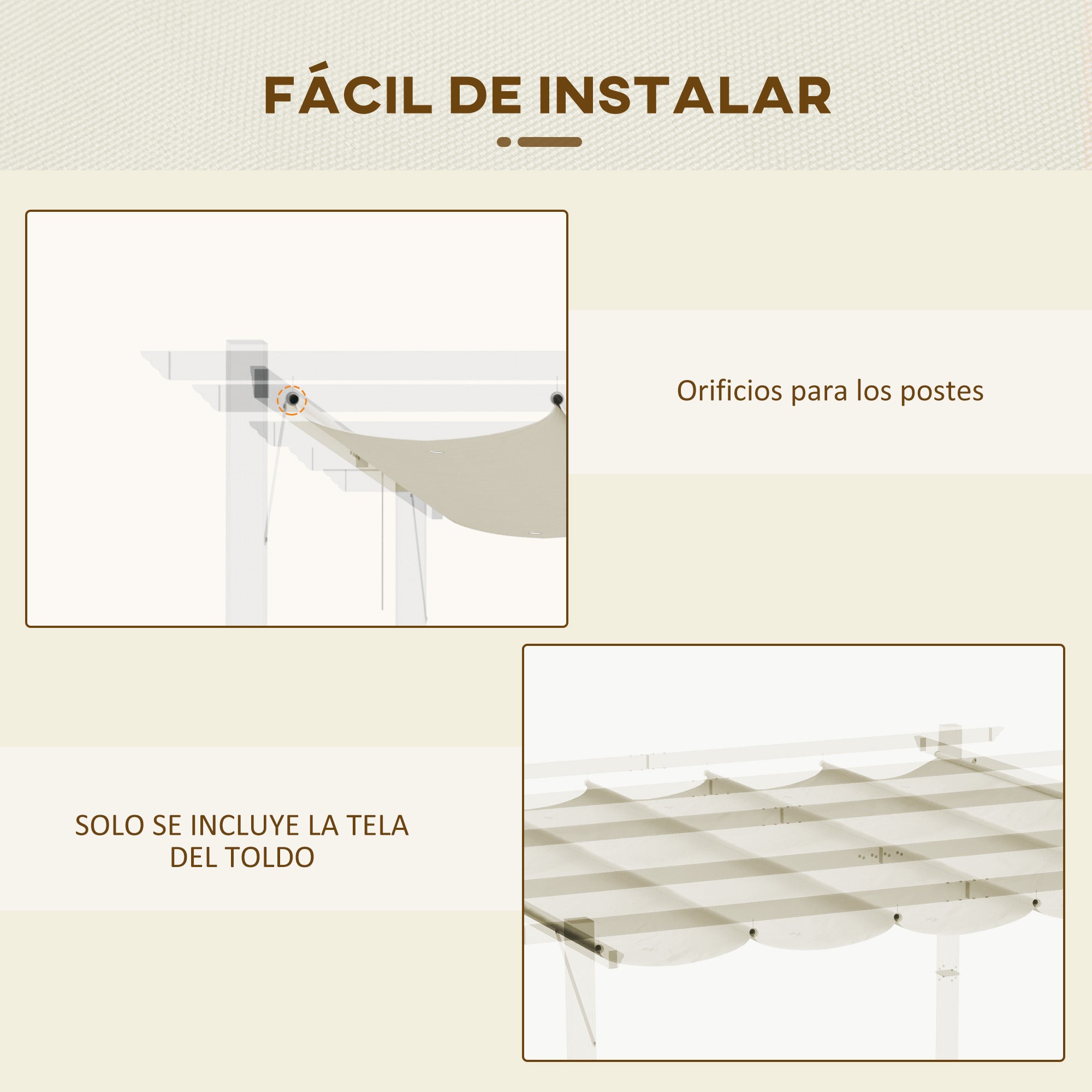 2.5x2.55m Pergola Roof Retractable Replacement Canopy for Garden Gazebo Umbrella Sunshade Fabric Top Cover in Cream with 10 Drainage Holes