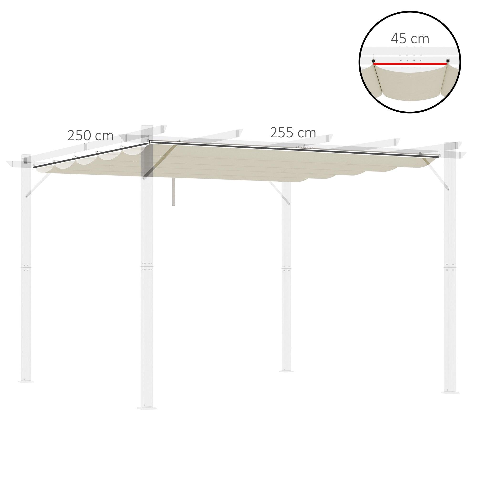 2.5x2.55m Pergola Roof Retractable Replacement Canopy for Garden Gazebo Umbrella Sunshade Fabric Top Cover in Cream with 10 Drainage Holes