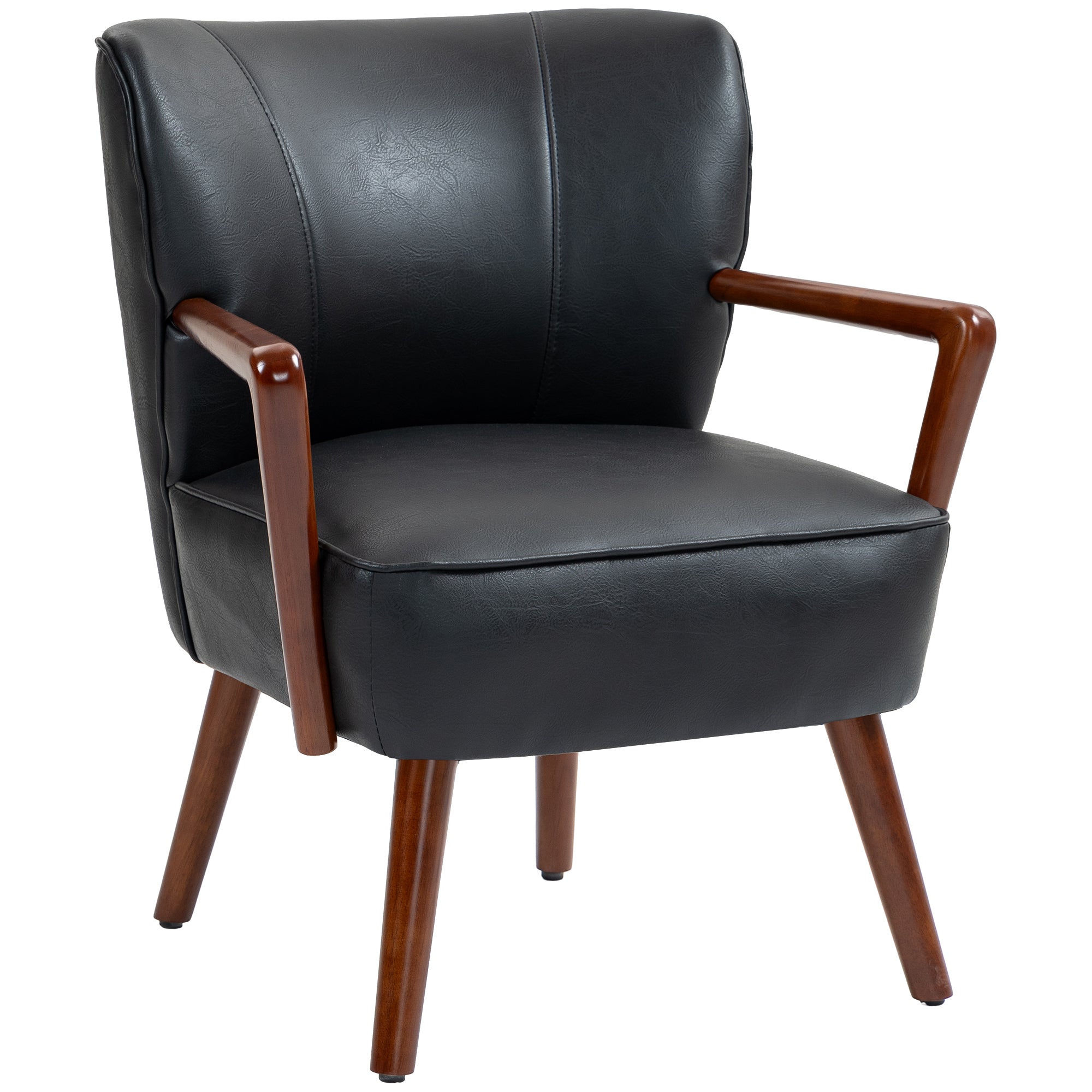 Upholstered Chair, Padded Accent Armchair with Armrests, Wooden Legs, Lounge Chair Armchair for Living Room, Bedroom, Faux Leather, Black, 67 x 77 x 80 cm
