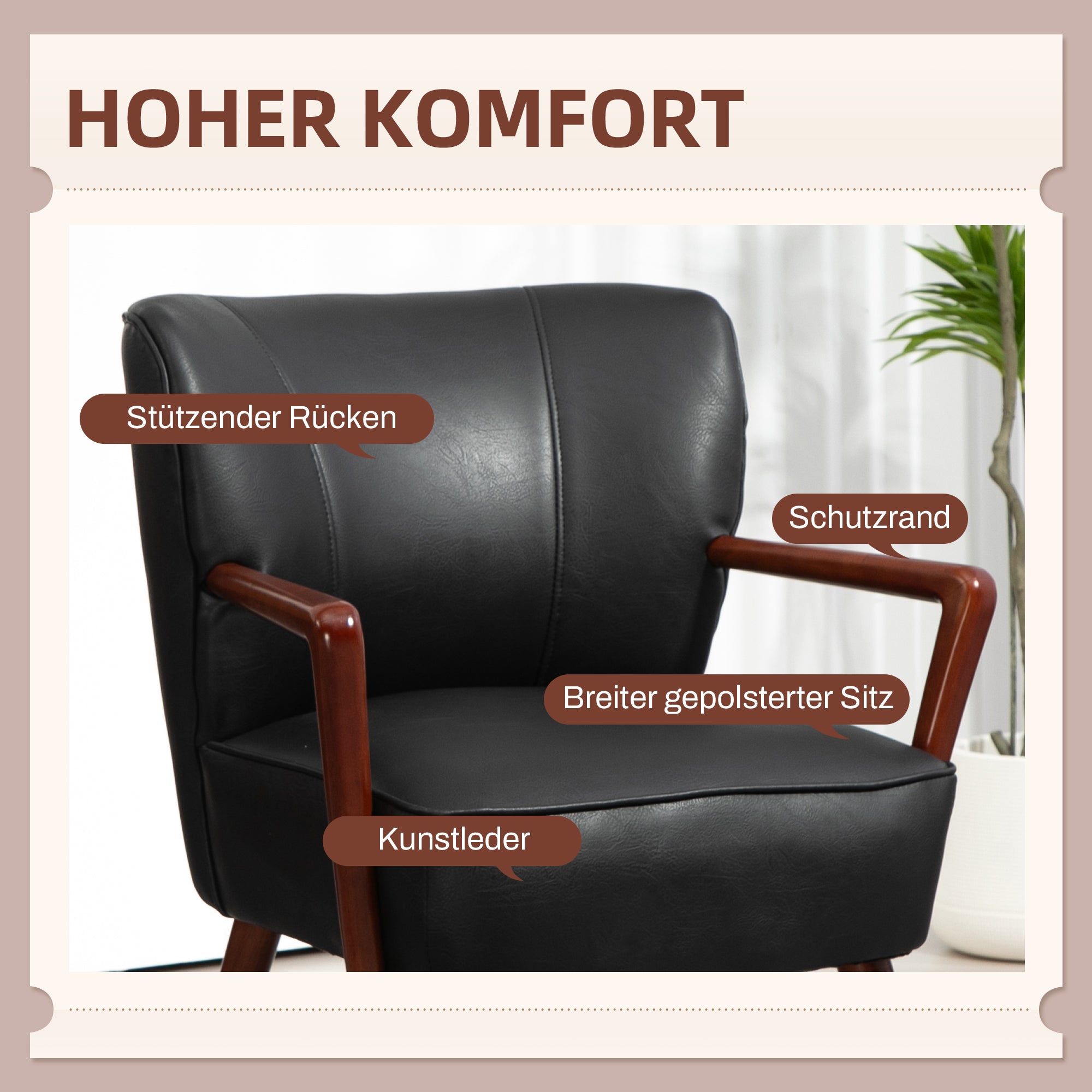 Upholstered Chair, Padded Accent Armchair with Armrests, Wooden Legs, Lounge Chair Armchair for Living Room, Bedroom, Faux Leather, Black, 67 x 77 x 80 cm