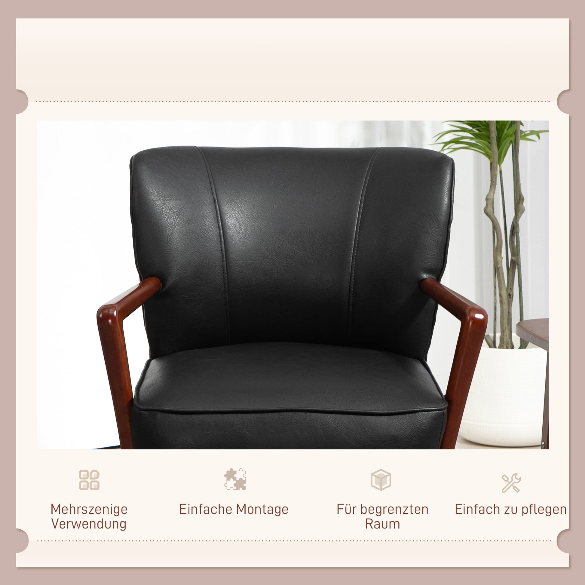 Upholstered Chair, Padded Accent Armchair with Armrests, Wooden Legs, Lounge Chair Armchair for Living Room, Bedroom, Faux Leather, Black, 67 x 77 x 80 cm