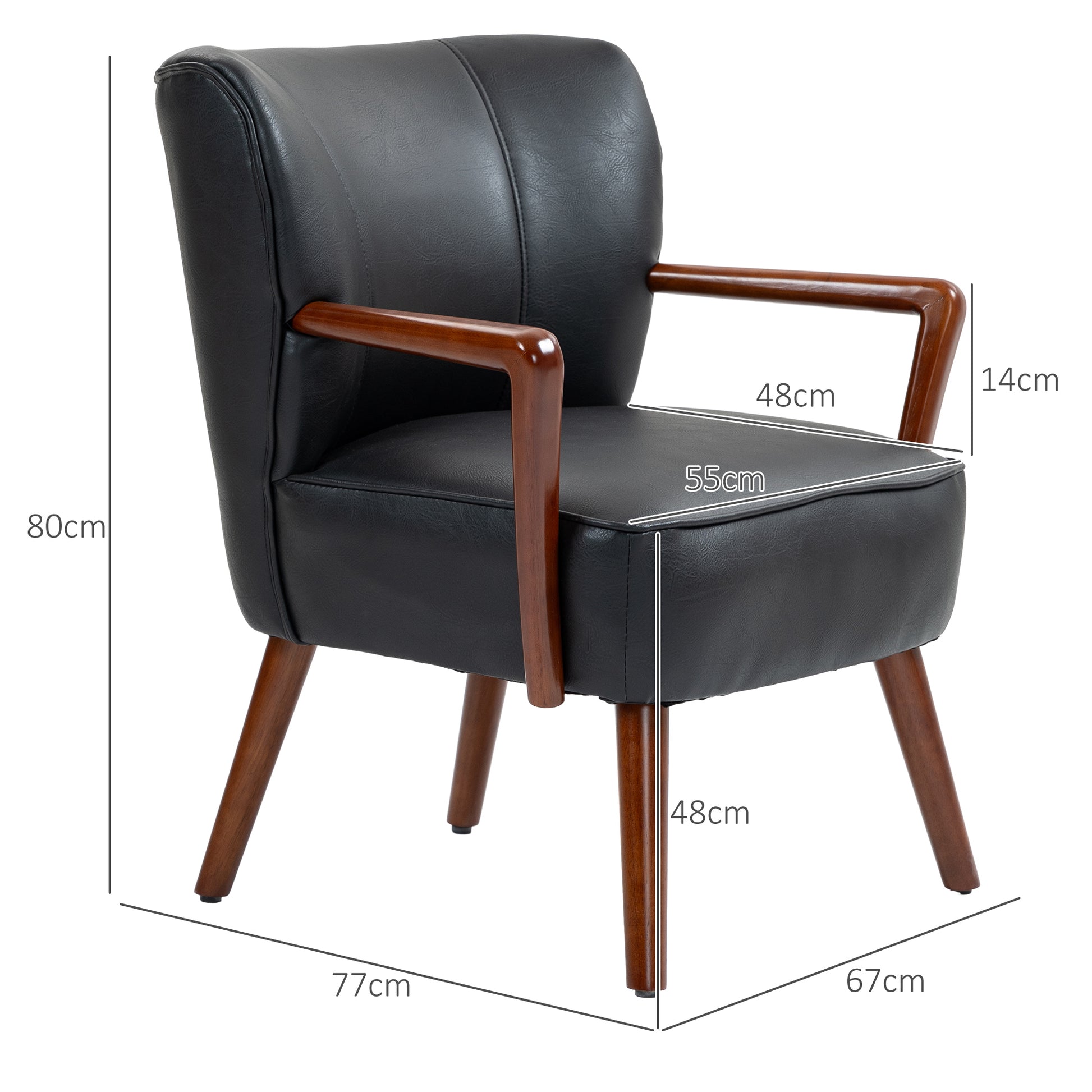 Upholstered Chair, Padded Accent Armchair with Armrests, Wooden Legs, Lounge Chair Armchair for Living Room, Bedroom, Faux Leather, Black, 67 x 77 x 80 cm