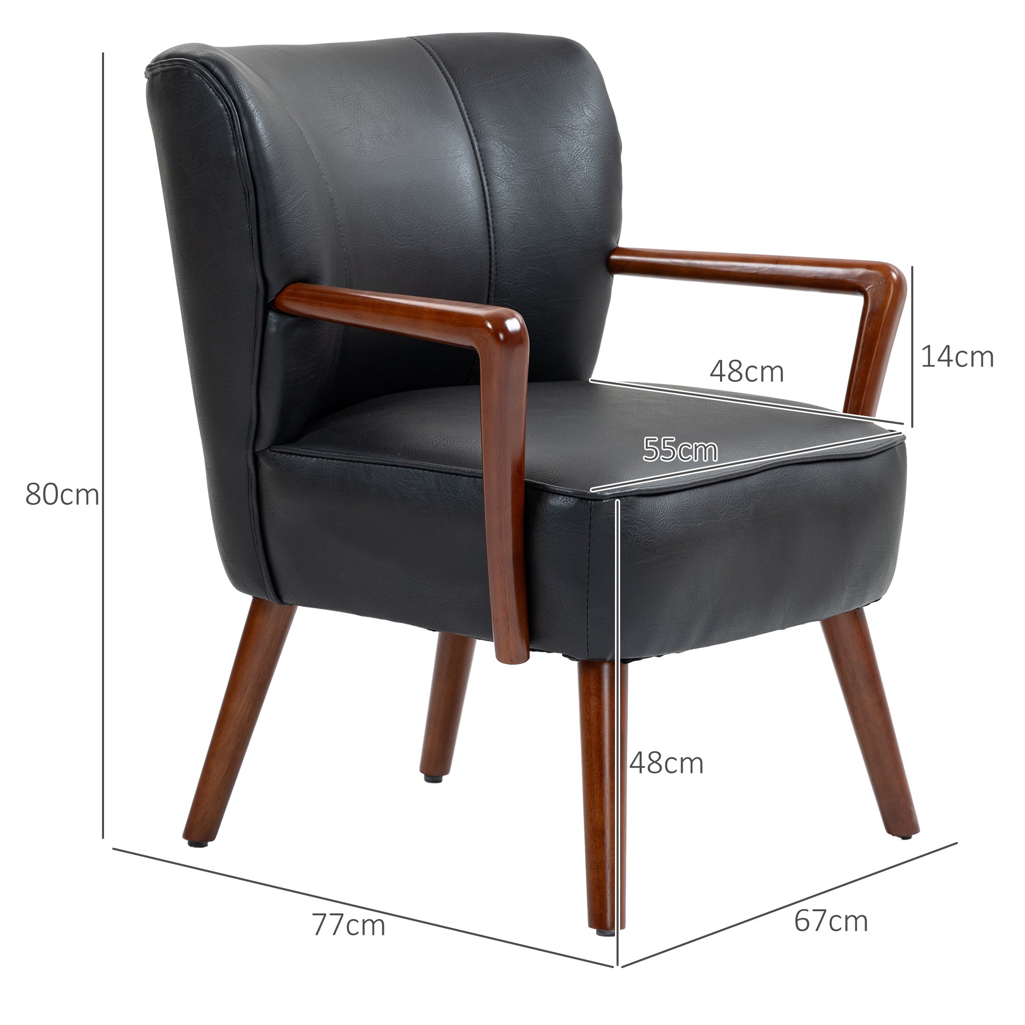 Upholstered Chair, Padded Accent Armchair with Armrests, Wooden Legs, Lounge Chair Armchair for Living Room, Bedroom, Faux Leather, Black, 67 x 77 x 80 cm