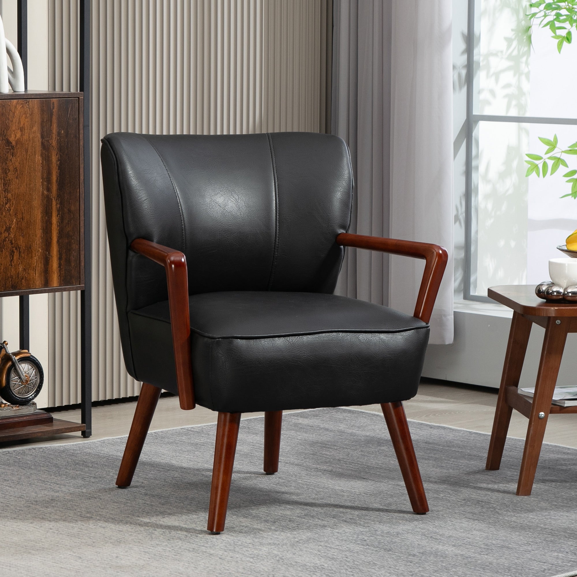 Upholstered Chair, Padded Accent Armchair with Armrests, Wooden Legs, Lounge Chair Armchair for Living Room, Bedroom, Faux Leather, Black, 67 x 77 x 80 cm