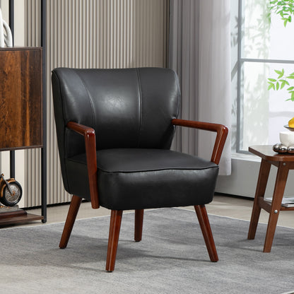 Upholstered Chair, Padded Accent Armchair with Armrests, Wooden Legs, Lounge Chair Armchair for Living Room, Bedroom, Faux Leather, Black, 67 x 77 x 80 cm