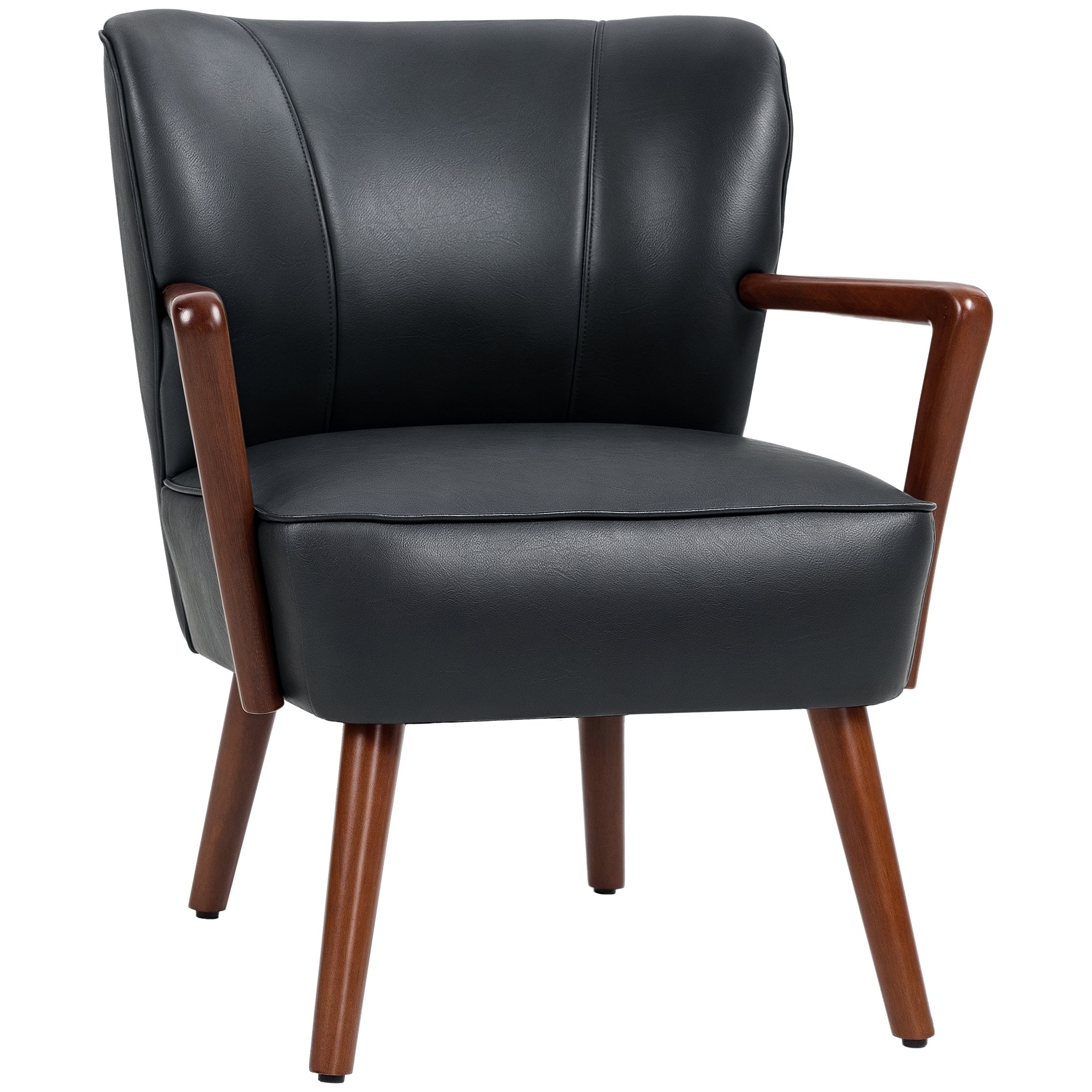Upholstered Chair, Padded Accent Armchair with Armrests, Wooden Legs, Lounge Chair Armchair for Living Room, Bedroom, Faux Leather, Black, 67 x 77 x 80 cm