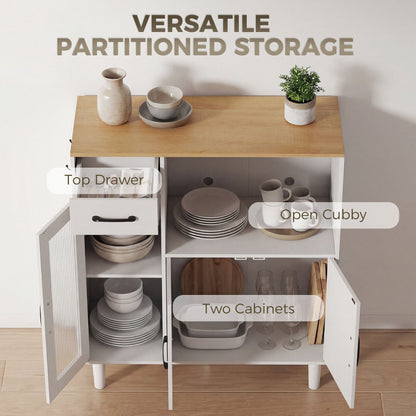 Sideboard Cabinet with Drawer, 2 Doors & Open Shelf, Ribbed Acrylic Door – White & Oak, 31.5 x 13.4 x 35.8 in