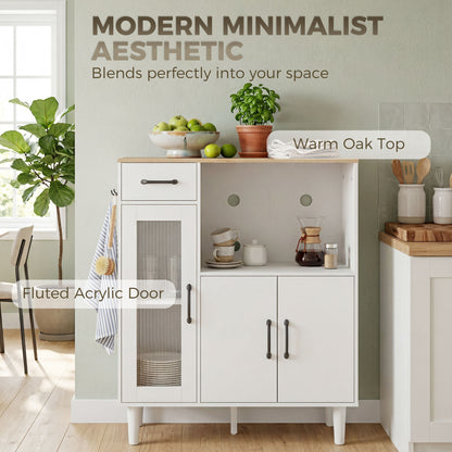 Sideboard Cabinet with Drawer, 2 Doors & Open Shelf, Ribbed Acrylic Door – White & Oak, 31.5 x 13.4 x 35.8 in