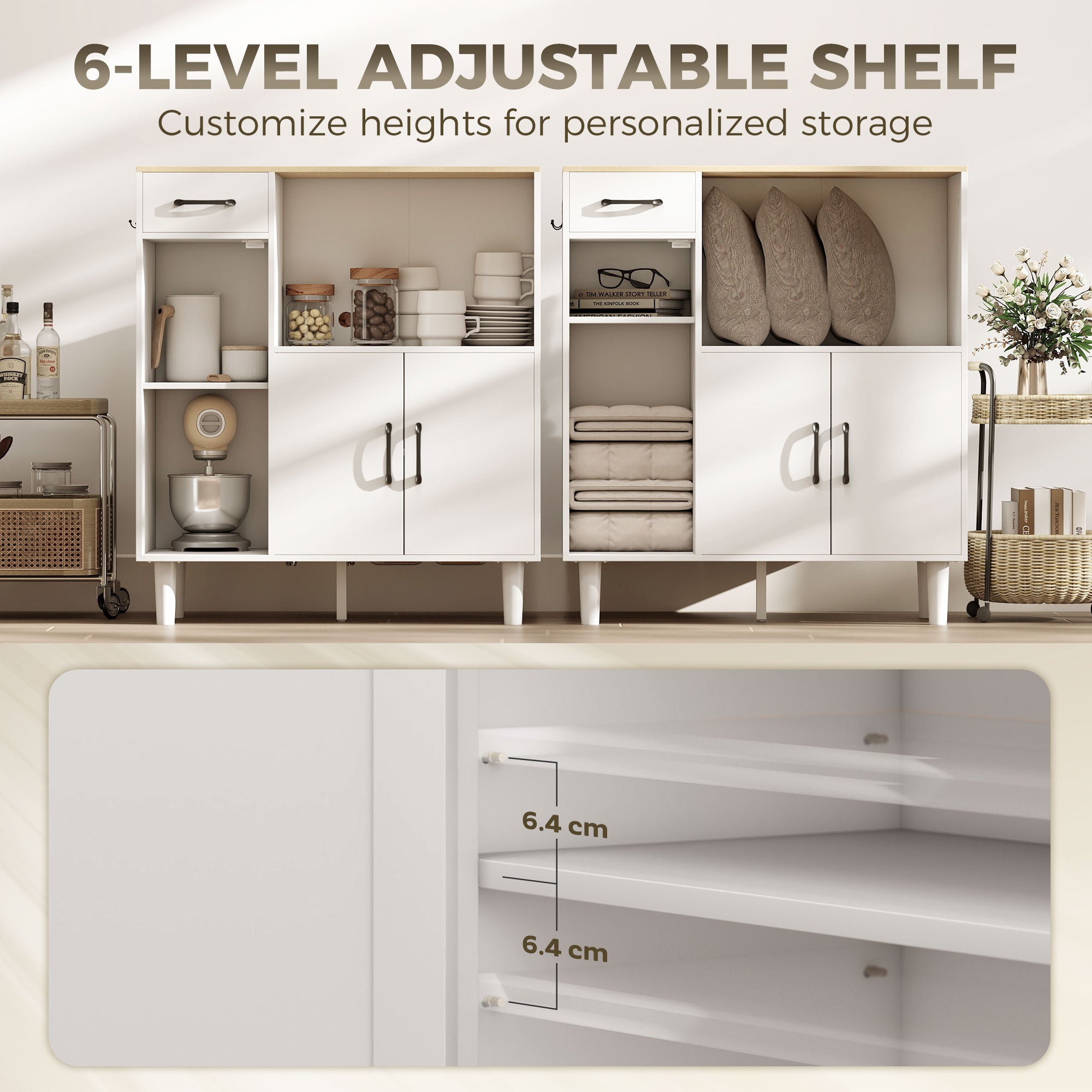 Sideboard Cabinet with Drawer, 2 Doors & Open Shelf, Ribbed Acrylic Door – White & Oak, 31.5 x 13.4 x 35.8 in