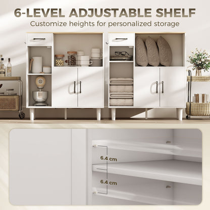 Sideboard Cabinet with Drawer, 2 Doors & Open Shelf, Ribbed Acrylic Door – White & Oak, 31.5 x 13.4 x 35.8 in