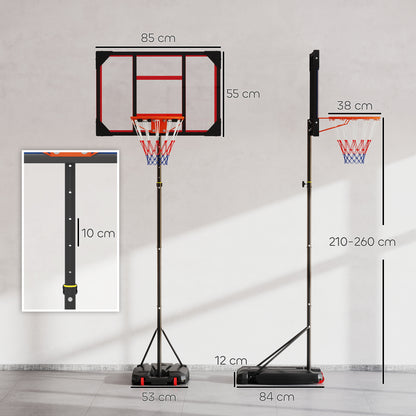 Kids Outdoor Basketball Hoop, 210-260cm Adjustable Basketball Stand with Wheels, Basketball System with Stand for Kids Ages 6+, Red