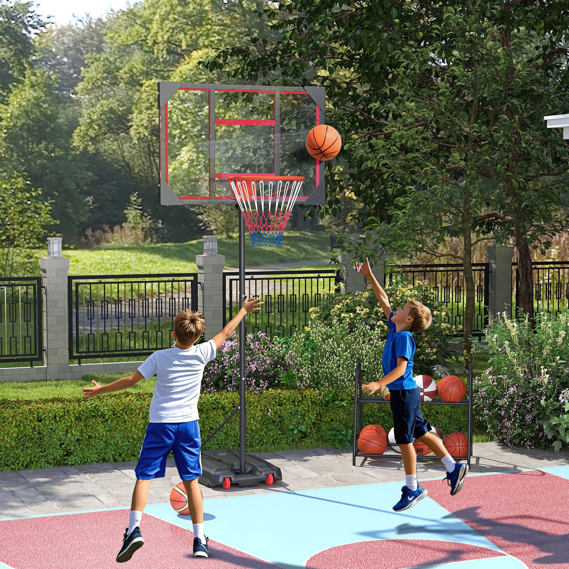 Kids Outdoor Basketball Hoop, 210-260cm Adjustable Basketball Stand with Wheels, Basketball System with Stand for Kids Ages 6+, Red