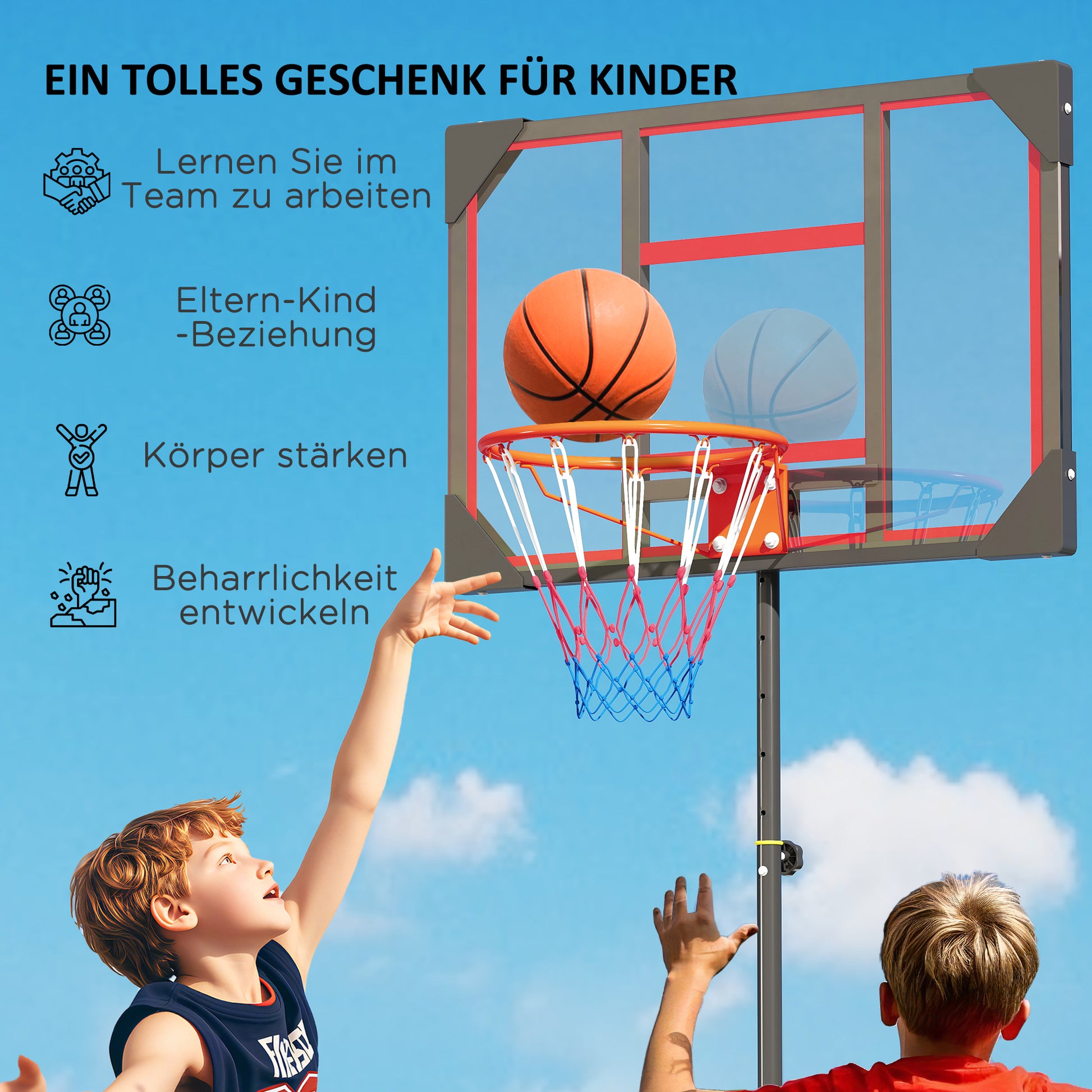 Kids Outdoor Basketball Hoop, 210-260cm Adjustable Basketball Stand with Wheels, Basketball System with Stand for Kids Ages 6+, Red