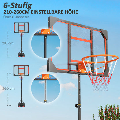Kids Outdoor Basketball Hoop, 210-260cm Adjustable Basketball Stand with Wheels, Basketball System with Stand for Kids Ages 6+, Red