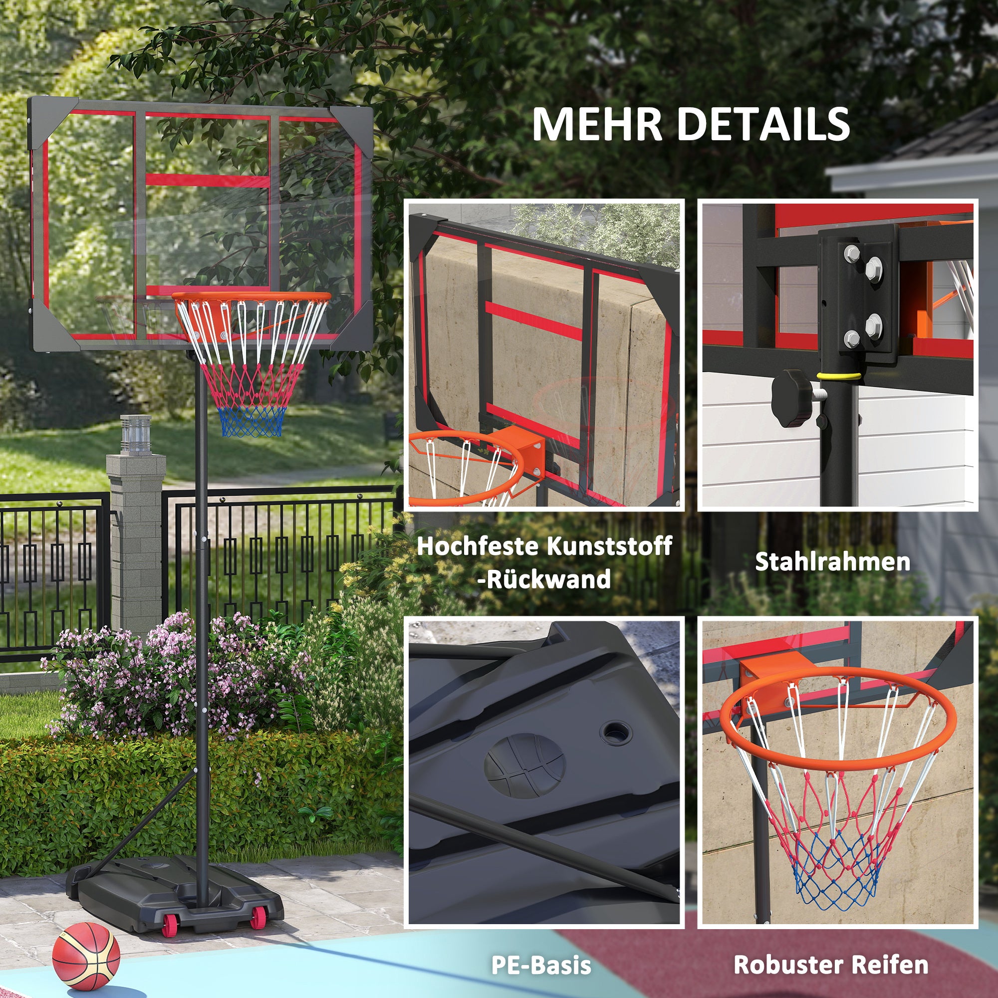 Kids Outdoor Basketball Hoop, 210-260cm Adjustable Basketball Stand with Wheels, Basketball System with Stand for Kids Ages 6+, Red
