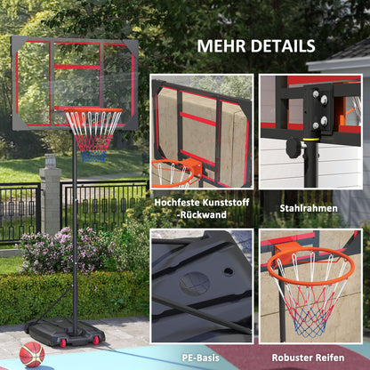 Kids Outdoor Basketball Hoop, 210-260cm Adjustable Basketball Stand with Wheels, Basketball System with Stand for Kids Ages 6+, Red