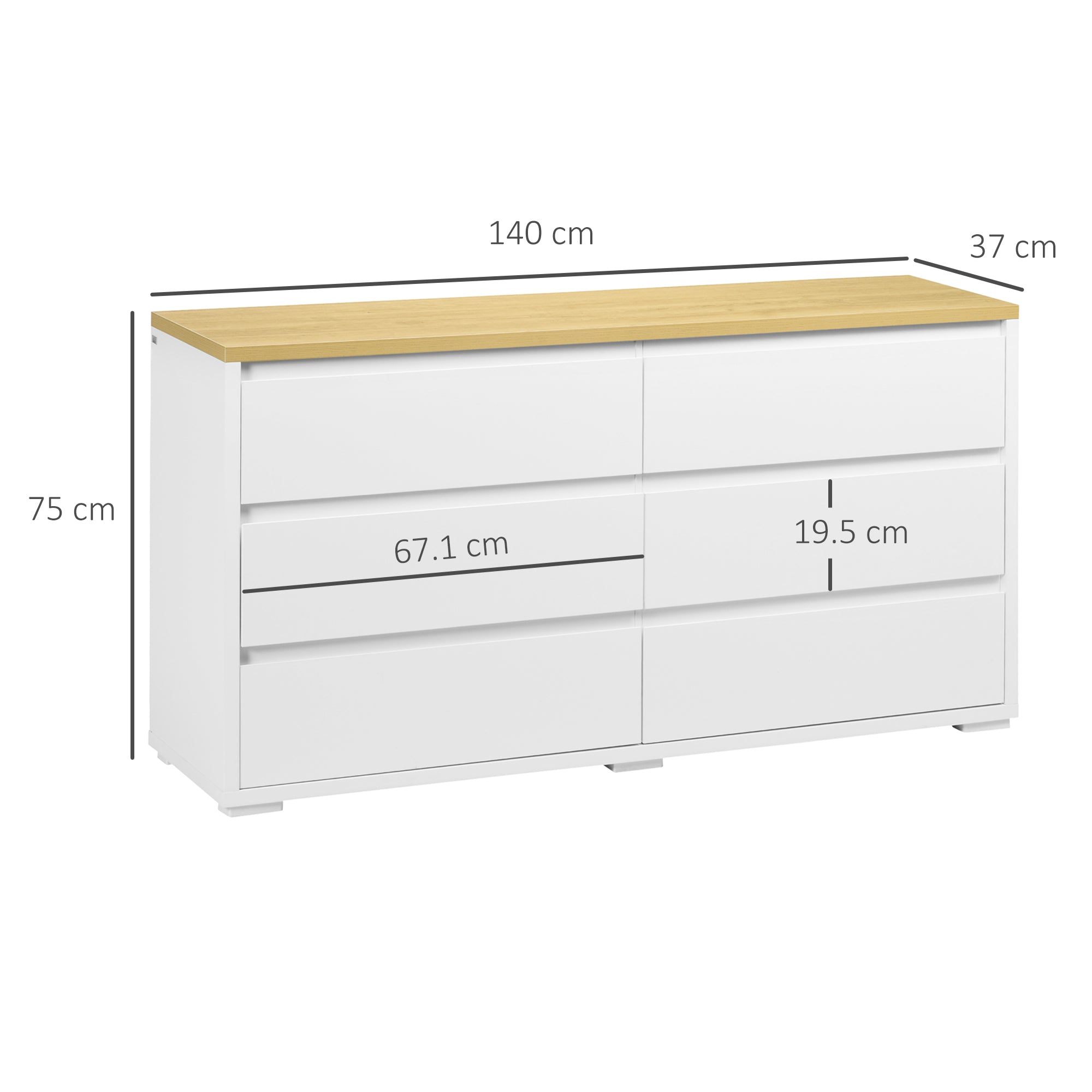 6-Drawer Chest in White Chipboard for Bedroom, Study, and Living Room, 140x37x75cm