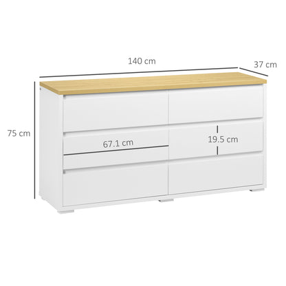 6-Drawer Chest in White Chipboard for Bedroom, Study, and Living Room, 140x37x75cm