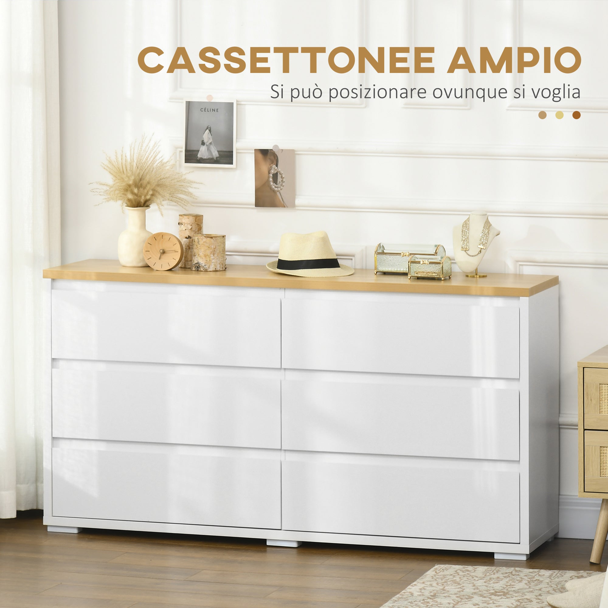 6-Drawer Chest in White Chipboard for Bedroom, Study, and Living Room, 140x37x75cm