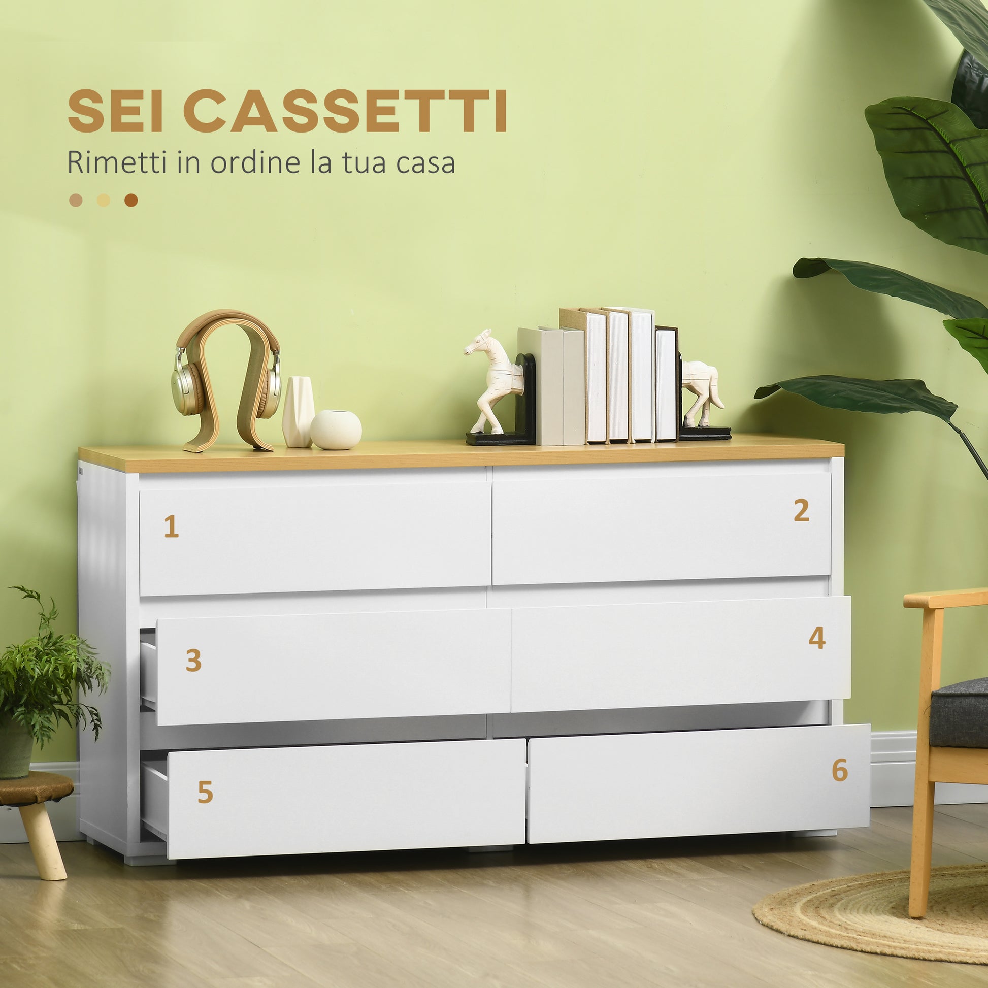 6-Drawer Chest in White Chipboard for Bedroom, Study, and Living Room, 140x37x75cm