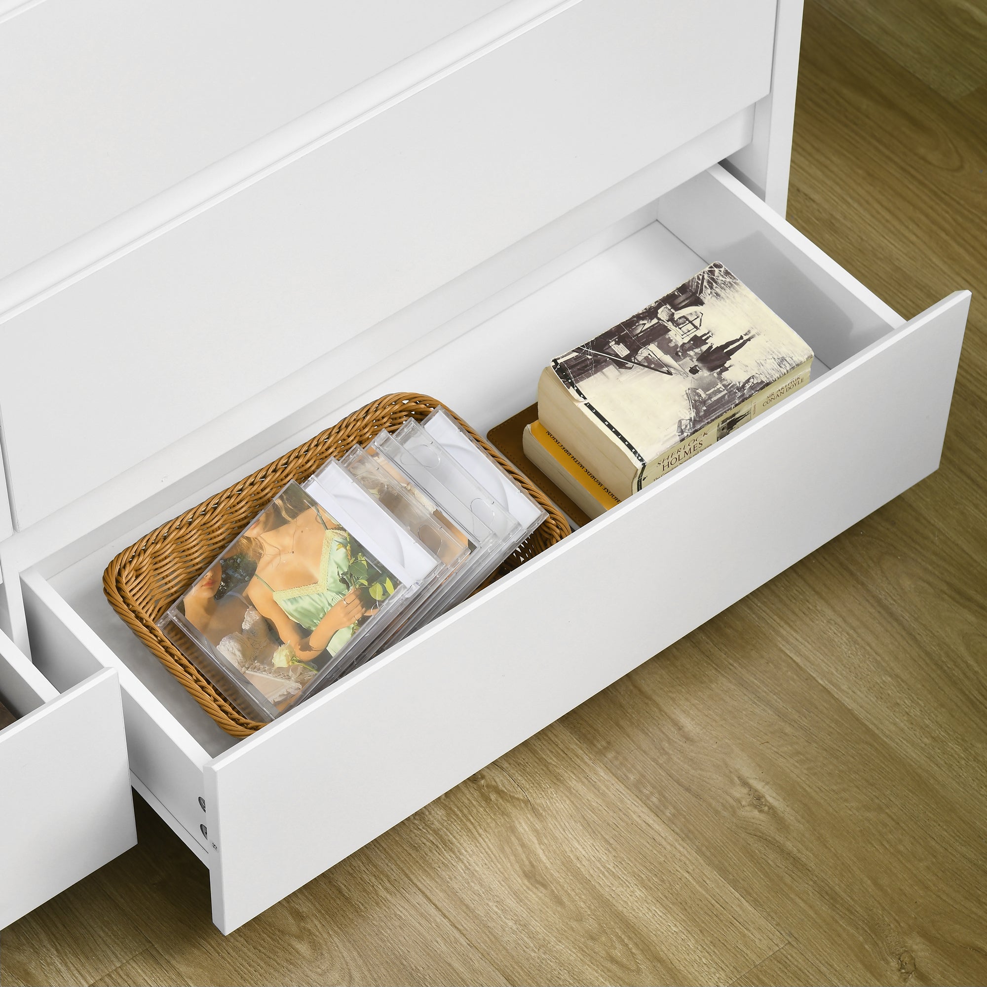 6-Drawer Chest in White Chipboard for Bedroom, Study, and Living Room, 140x37x75cm