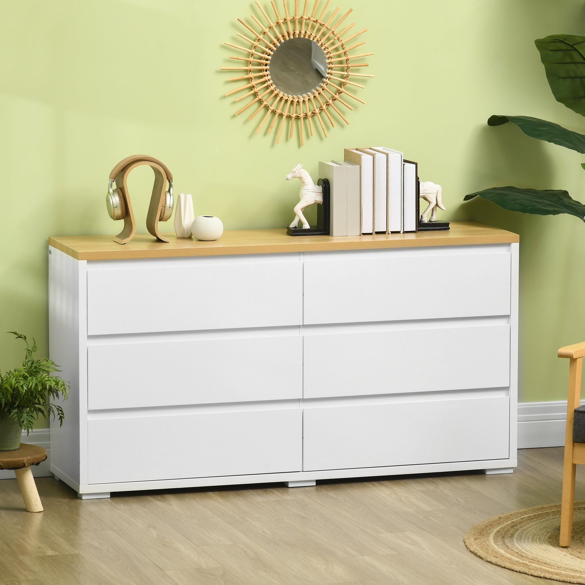 6-Drawer Chest in White Chipboard for Bedroom, Study, and Living Room, 140x37x75cm