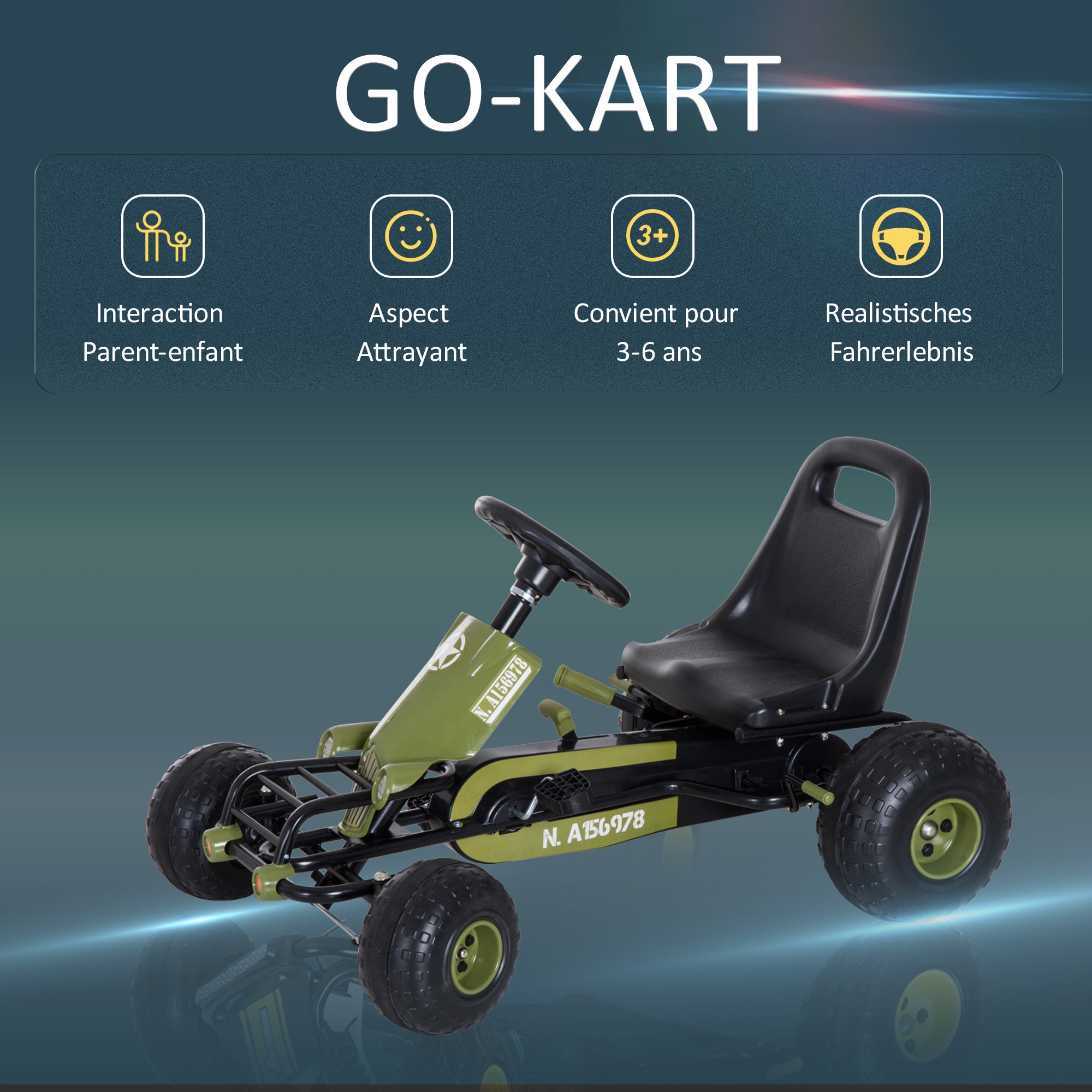 Go Kart Pedal Car with Hand Brake, Forward and Reverse Gear, Children's Vehicle Kettcar Pedal Car with Adjustable Seat for Children 3-6 Years, 99 x 65 x 56cm Green