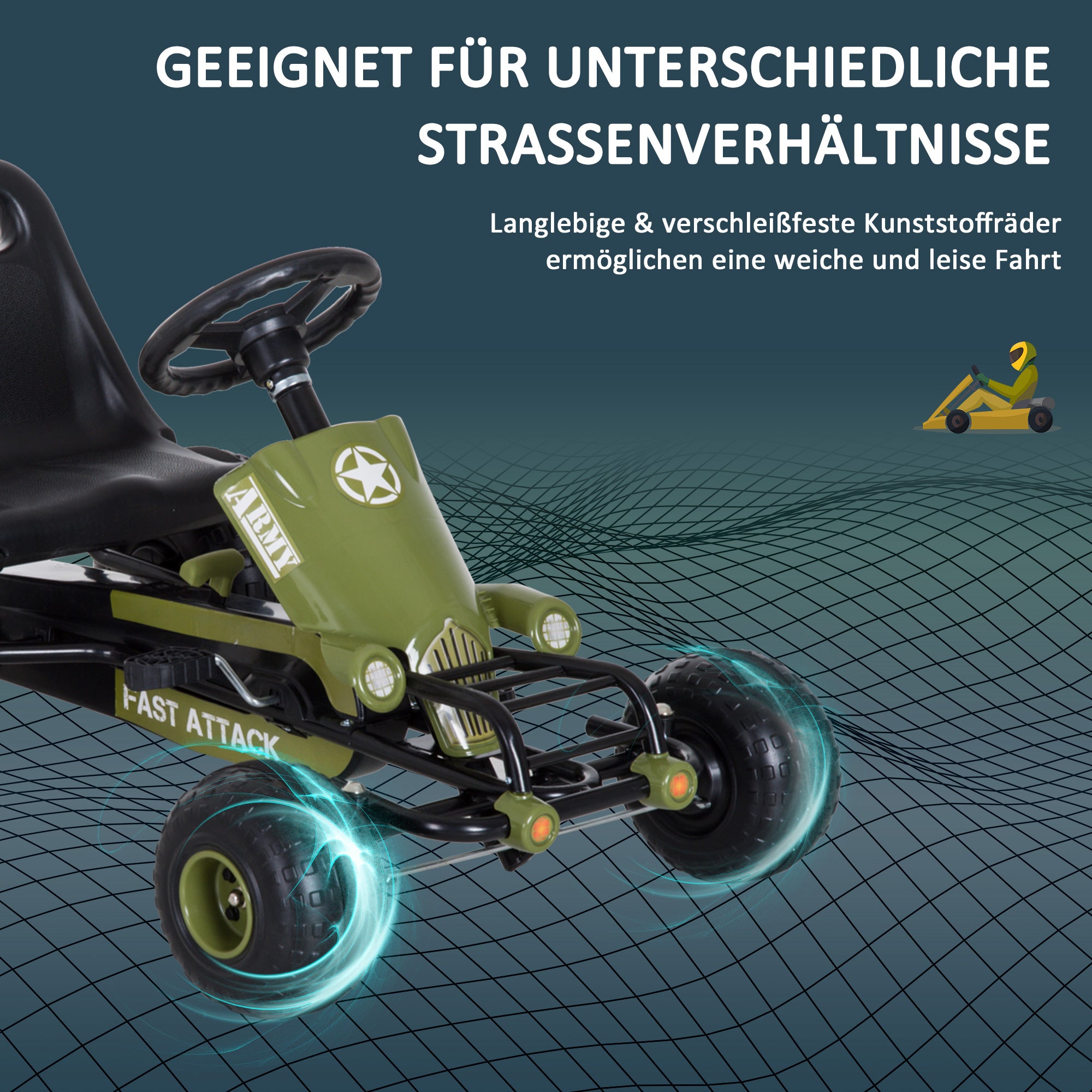 Go Kart Pedal Car with Hand Brake, Forward and Reverse Gear, Children's Vehicle Kettcar Pedal Car with Adjustable Seat for Children 3-6 Years, 99 x 65 x 56cm Green