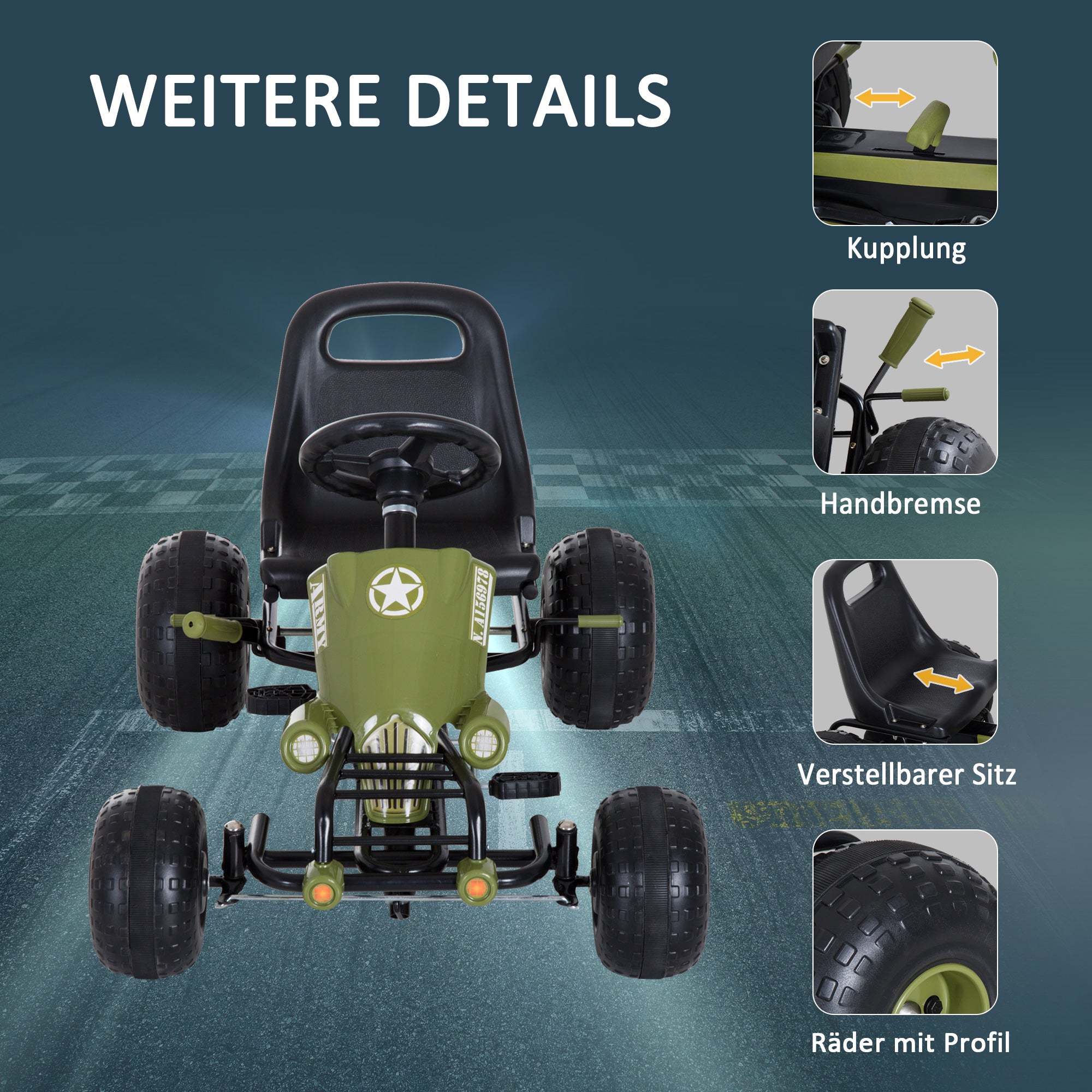 Go Kart Pedal Car with Hand Brake, Forward and Reverse Gear, Children's Vehicle Kettcar Pedal Car with Adjustable Seat for Children 3-6 Years, 99 x 65 x 56cm Green