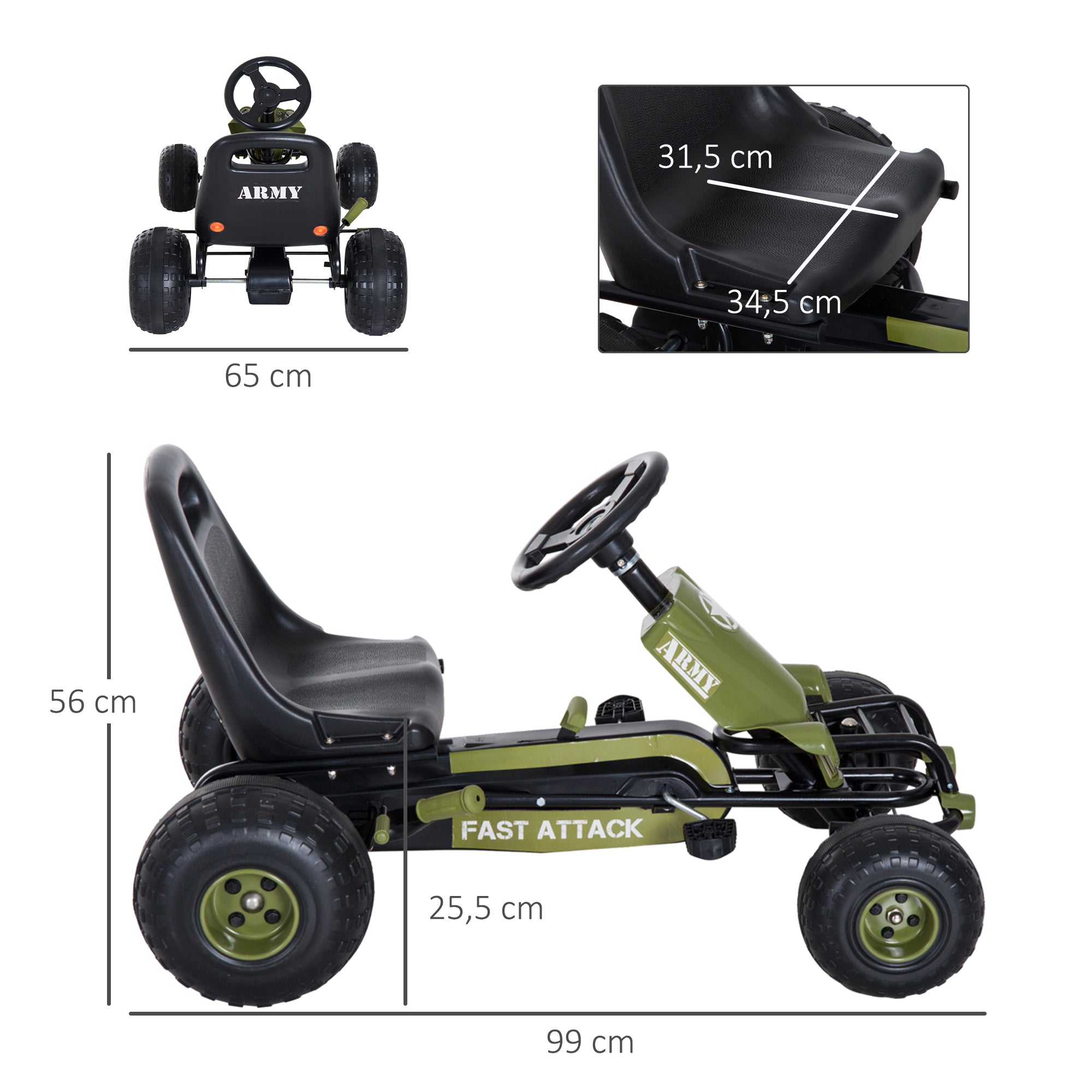 Go Kart Pedal Car with Hand Brake, Forward and Reverse Gear, Children's Vehicle Kettcar Pedal Car with Adjustable Seat for Children 3-6 Years, 99 x 65 x 56cm Green