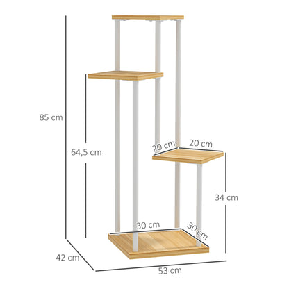 4-Tier Plant Stand Wooden and Steel Plant Holder with 4 Square Shelves Pot Stand for Indoor and Outdoor 53x42x85 cm Natural and White