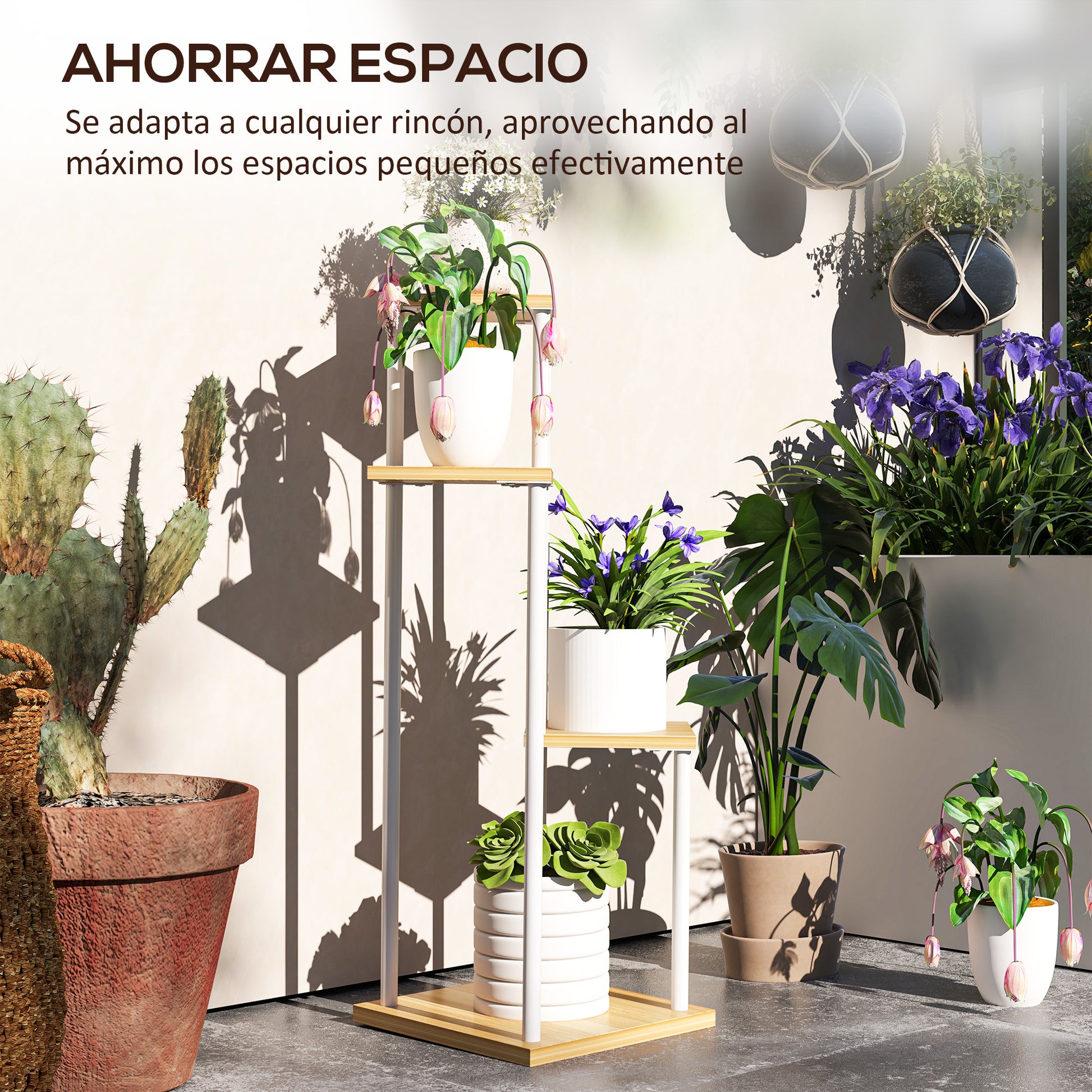 4-Tier Plant Stand Wooden and Steel Plant Holder with 4 Square Shelves Pot Stand for Indoor and Outdoor 53x42x85 cm Natural and White