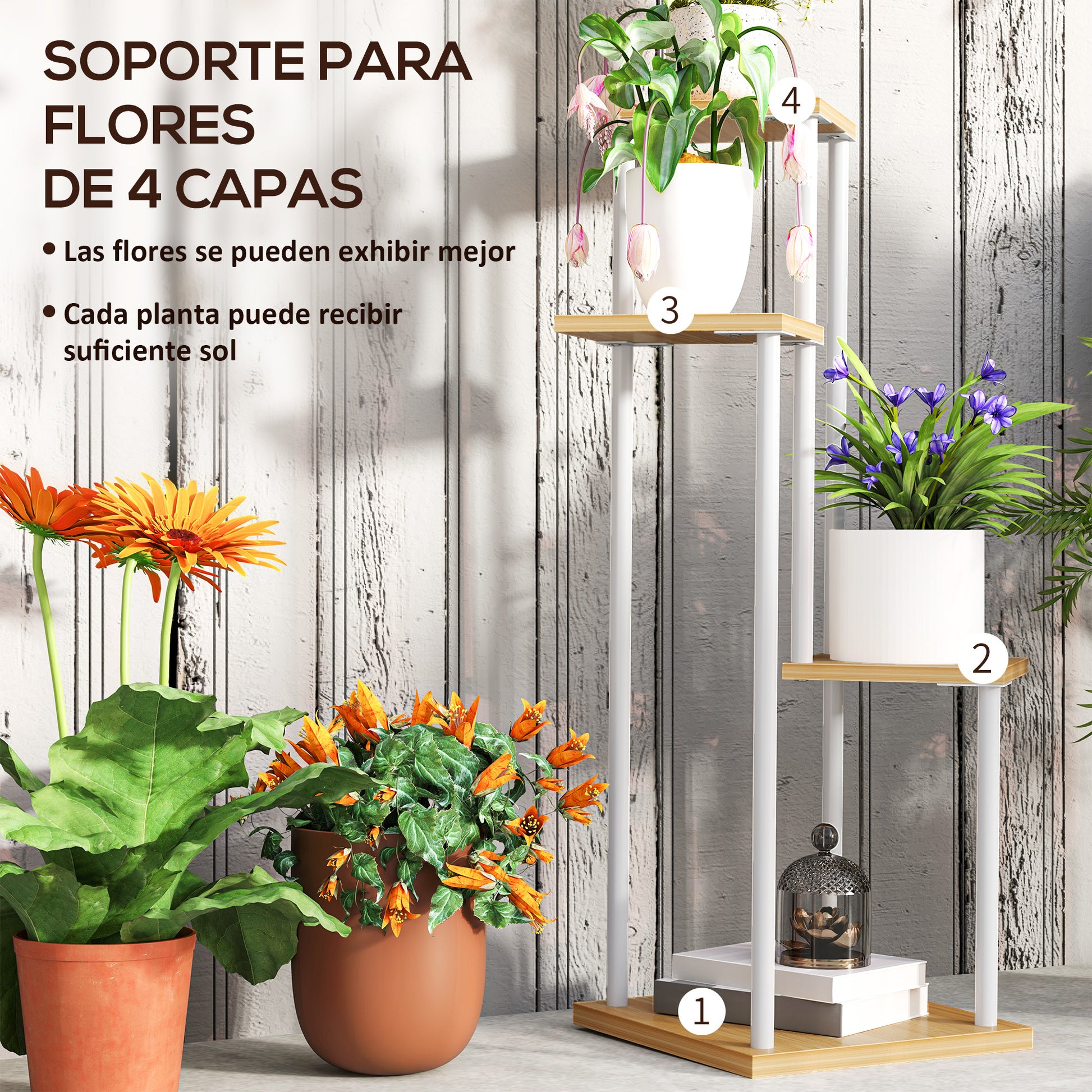 4-Tier Plant Stand Wooden and Steel Plant Holder with 4 Square Shelves Pot Stand for Indoor and Outdoor 53x42x85 cm Natural and White