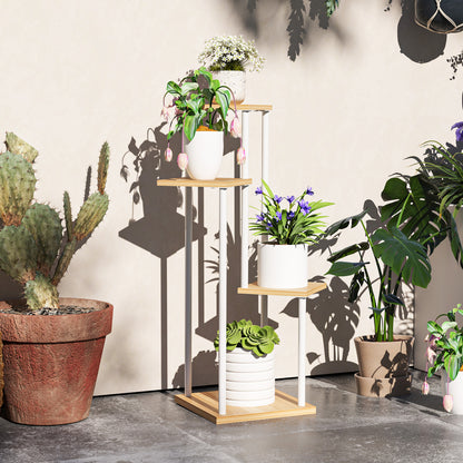 4-Tier Plant Stand Wooden and Steel Plant Holder with 4 Square Shelves Pot Stand for Indoor and Outdoor 53x42x85 cm Natural and White