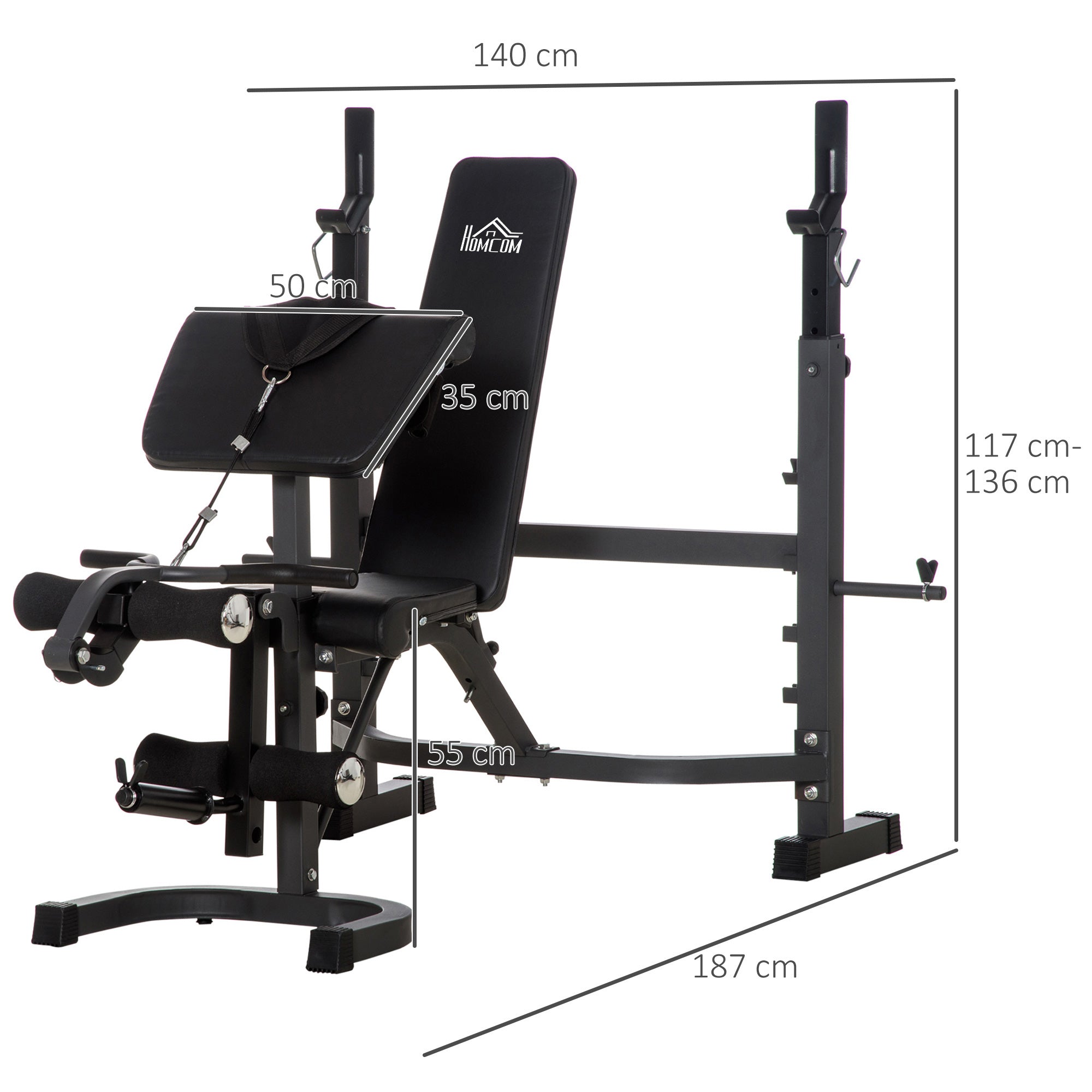 Multifunctional Weight Bench Weight Bench with Adjustable Backrest and Height Adjustable Weight Rack for Full Body Training Gym Load 300 kg 187x140x117-136 cm Black